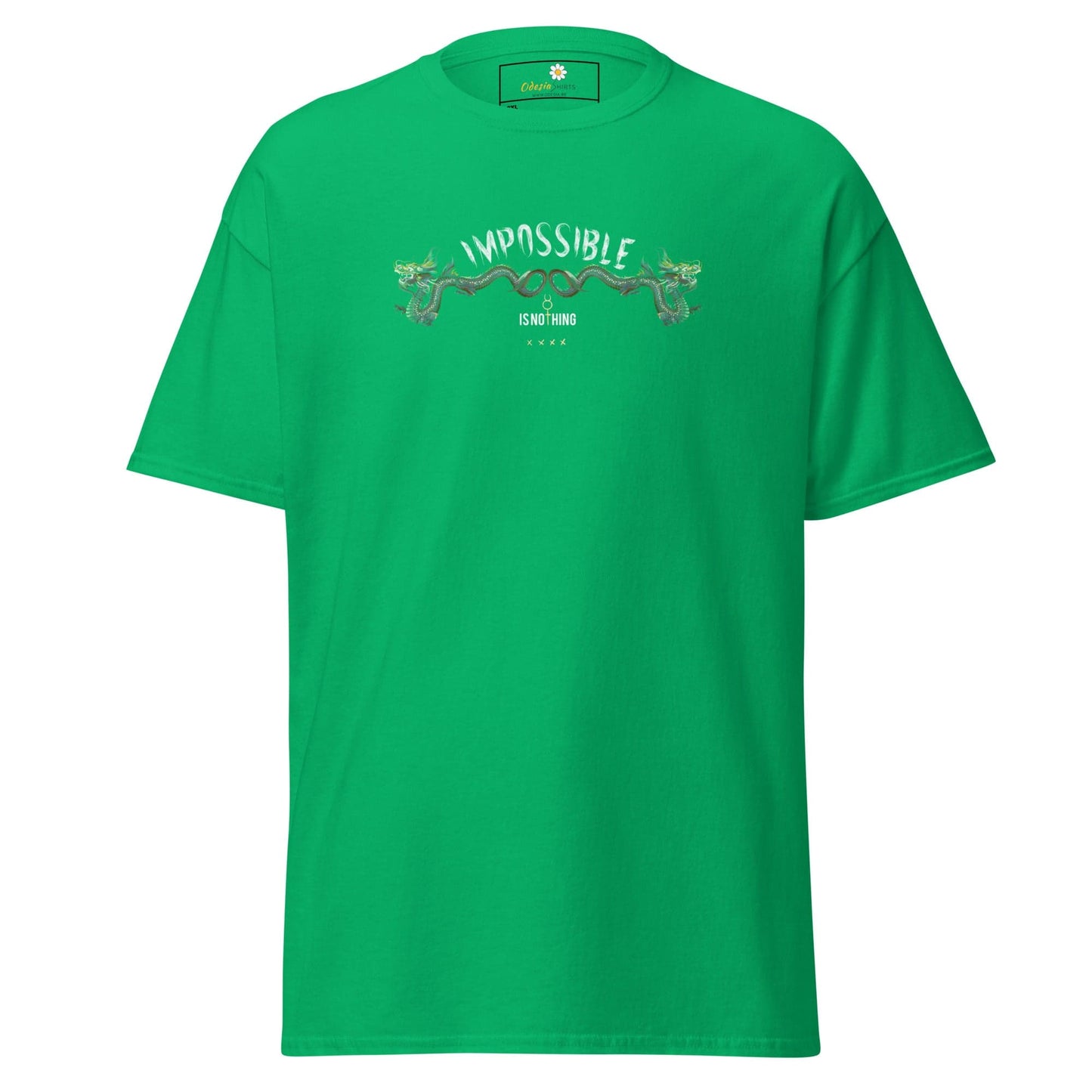 Green t-shirt with dragon design.
