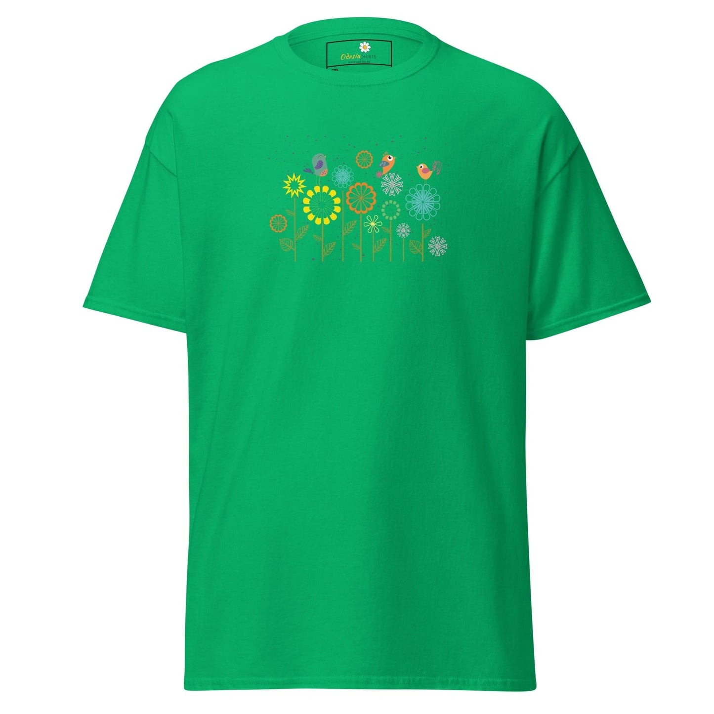 Green t-shirt with floral and bird design.