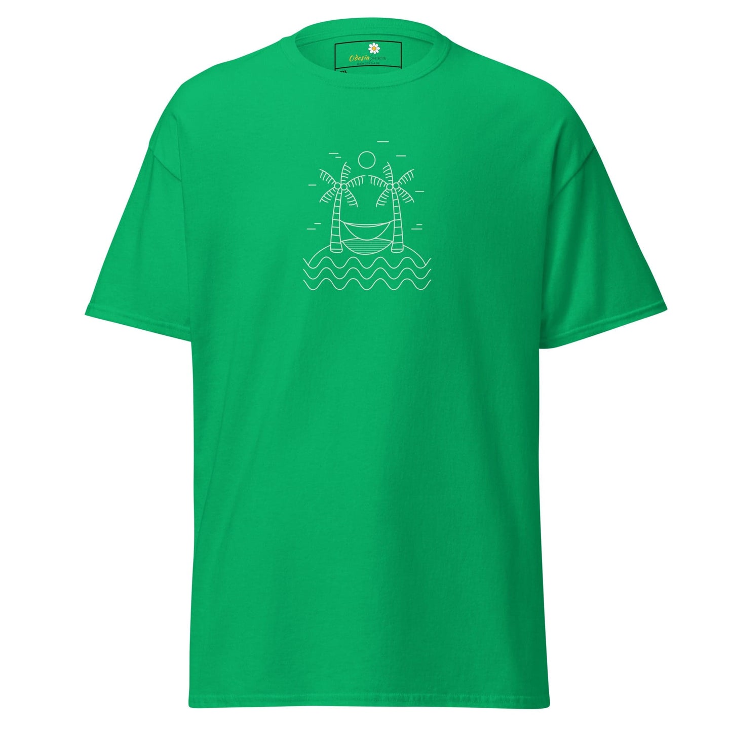 Green T-shirt featuring a beach scene graphic from the T- SHIRT DESIGN TEE collection