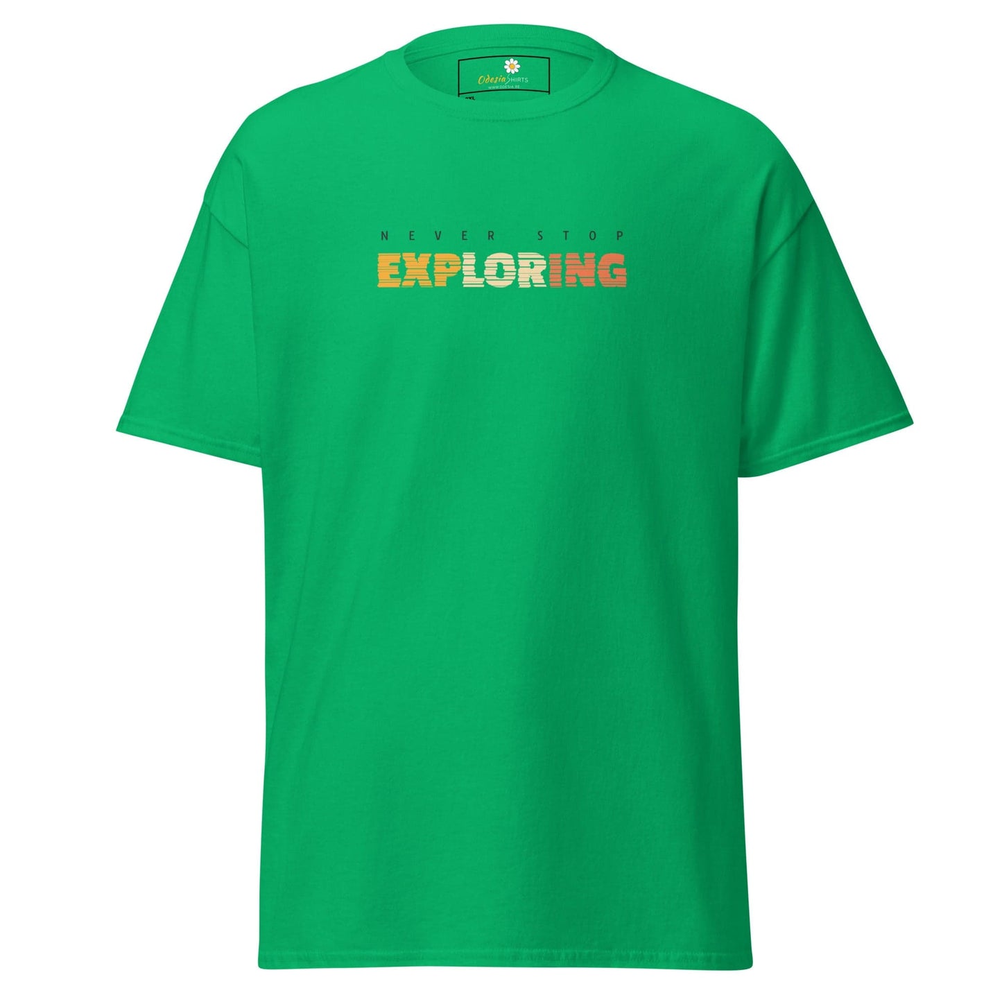 Green T-shirt with Never Stop Exploring text displayed in T-SHIRT DESIGN TEE for Men and Women