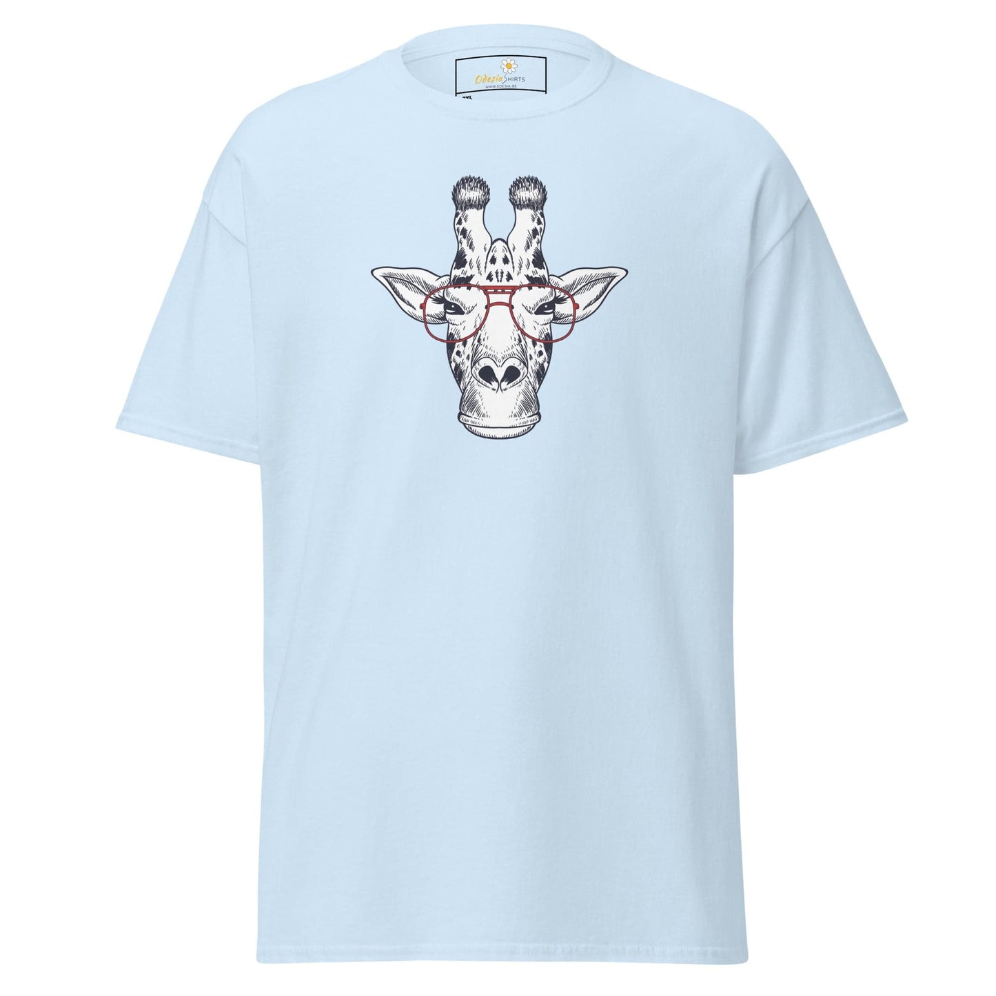 Light blue t-shirt with a giraffe wearing glasses design for men and women in 2XL to 5XL sizes