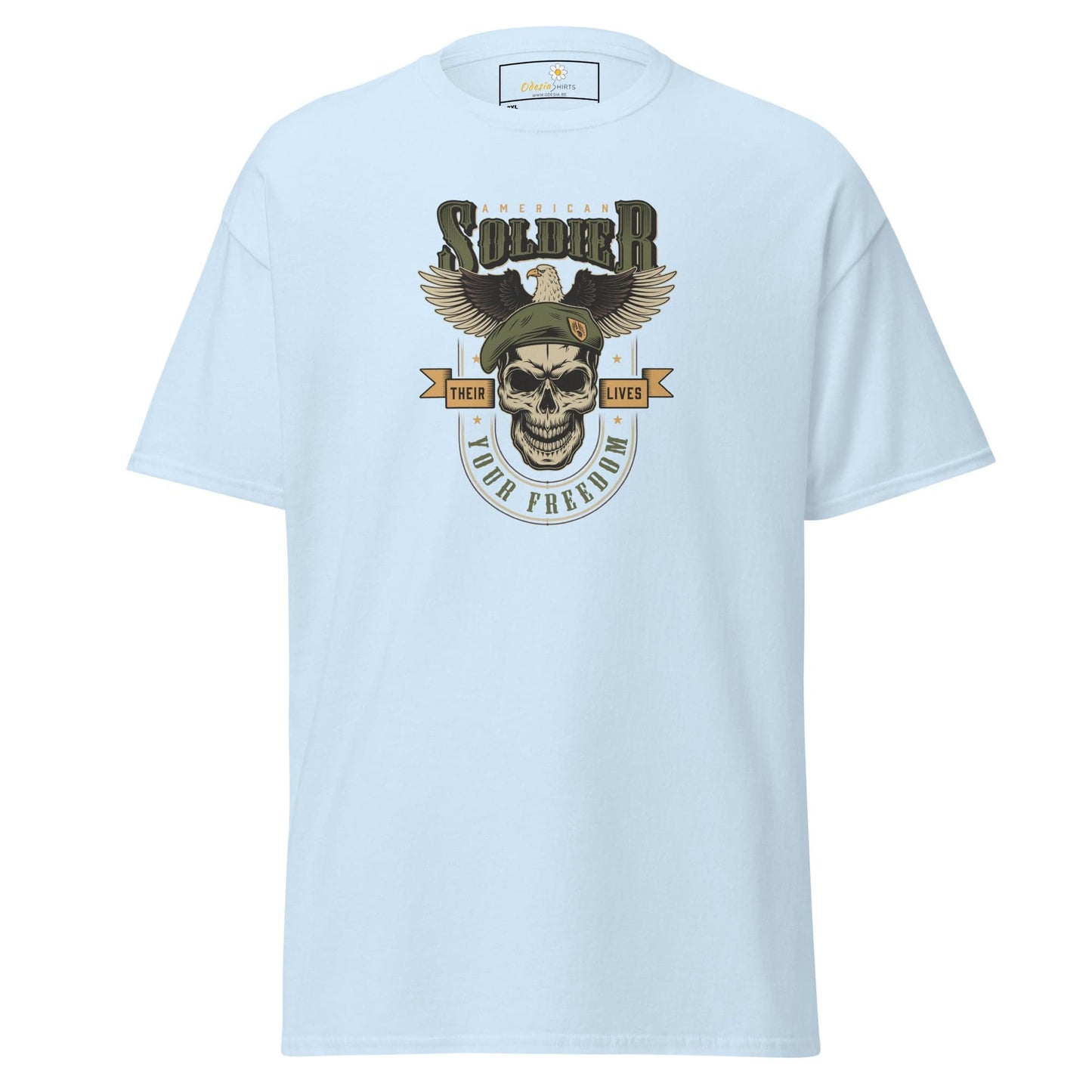Light blue T-shirt with soldier skull graphic for Men and Women in sizes 2XL to 5XL