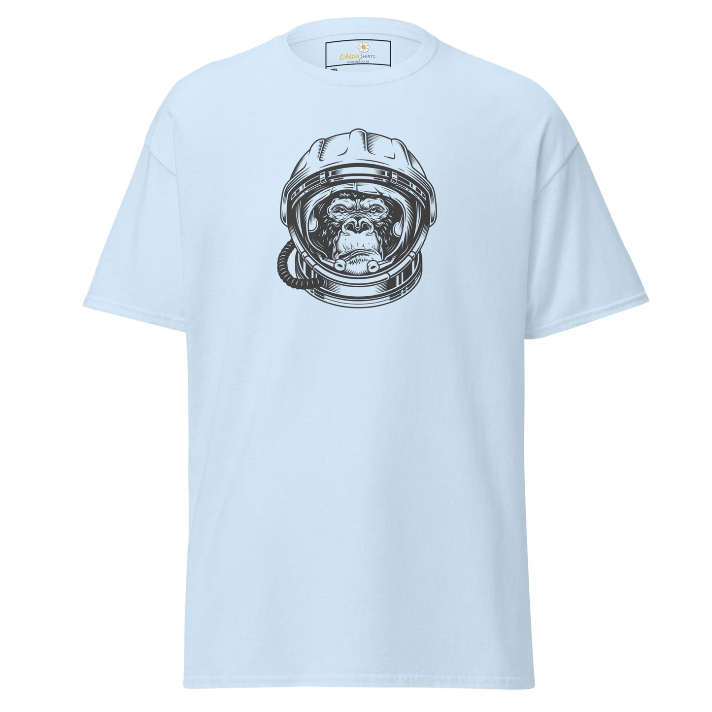 Light blue T-shirt featuring an astronaut monkey graphic for men and women sizes 2XL to 5XL