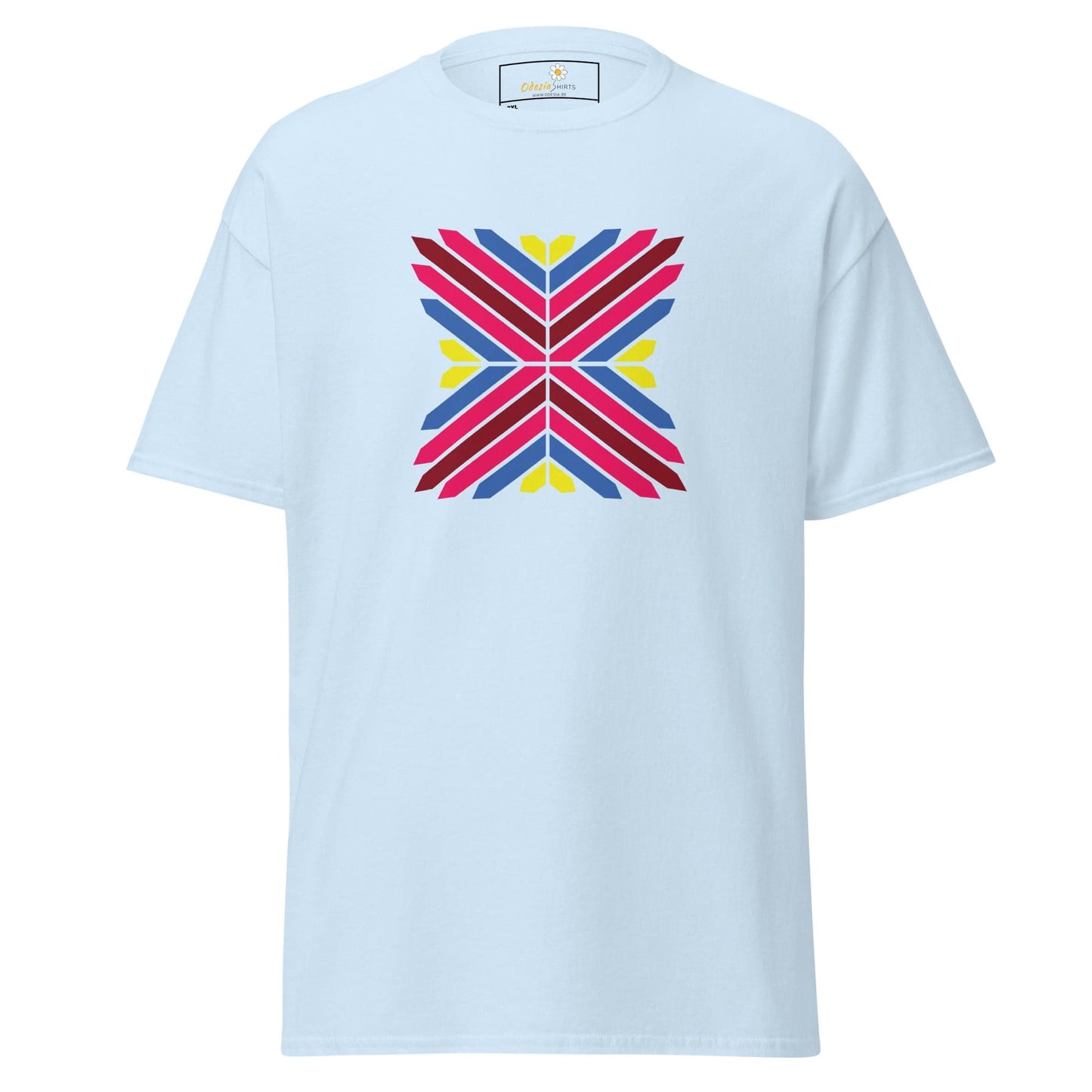 Light blue T-shirt with vibrant geometric design, suitable for men and women in 2XL to 5XL sizes