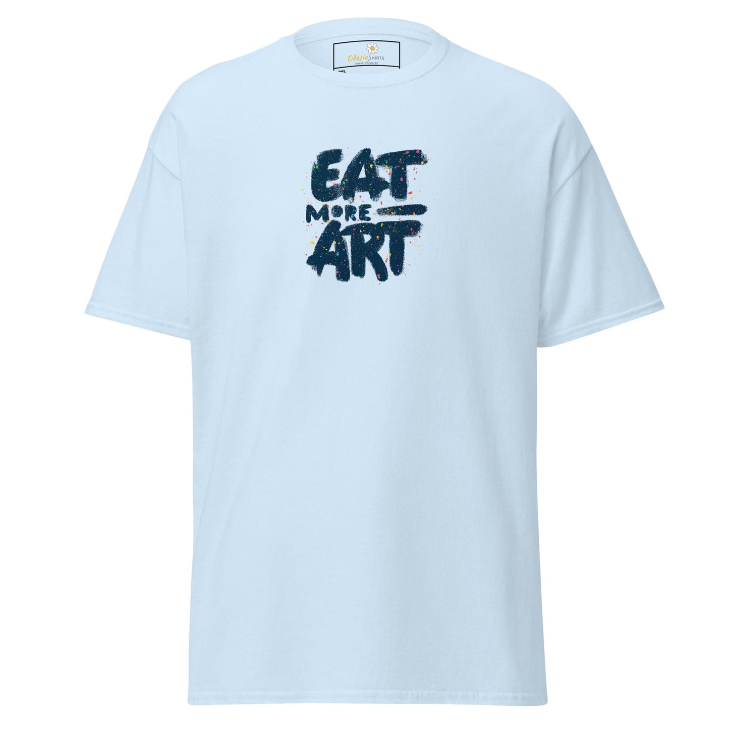 Light blue t-shirt with Eat More Art text from T-SHIRT DESIGN TEE for Men and Women