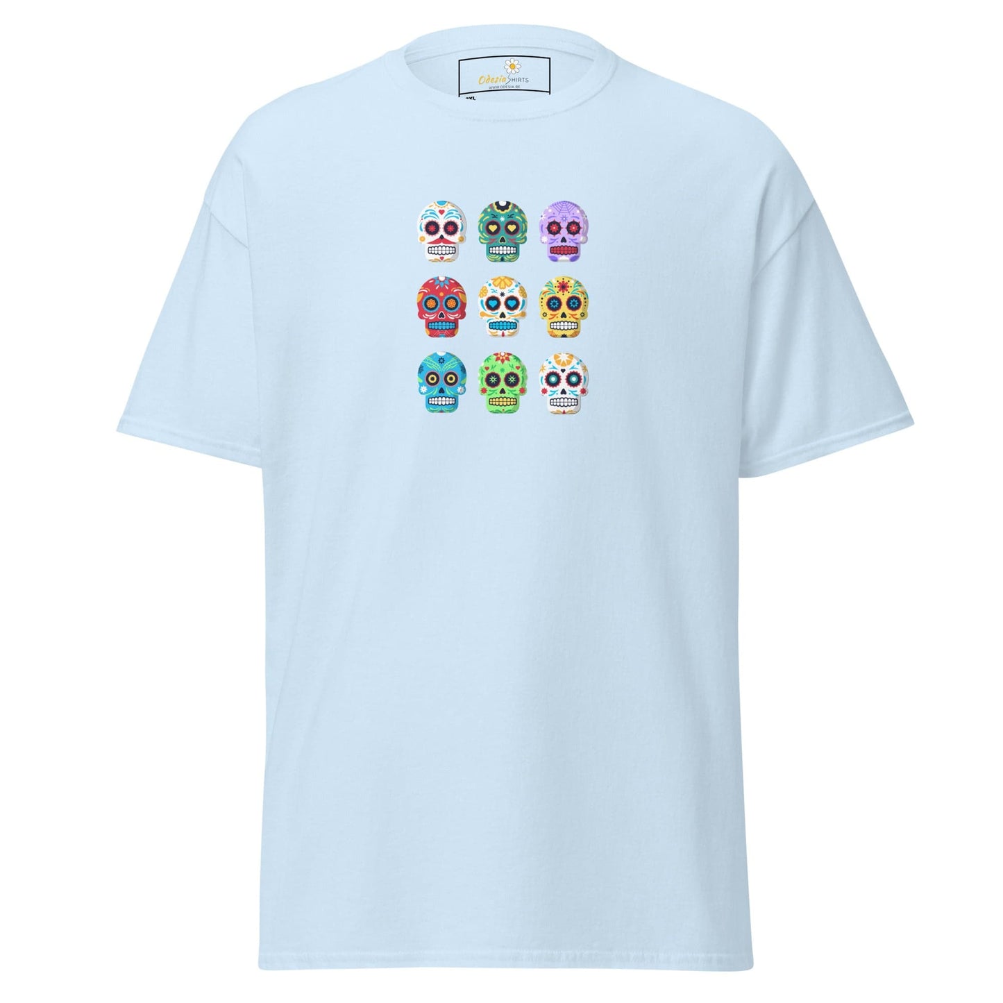Light blue T-shirt with colorful sugar skull design for Men and Women in 2XL to 5XL