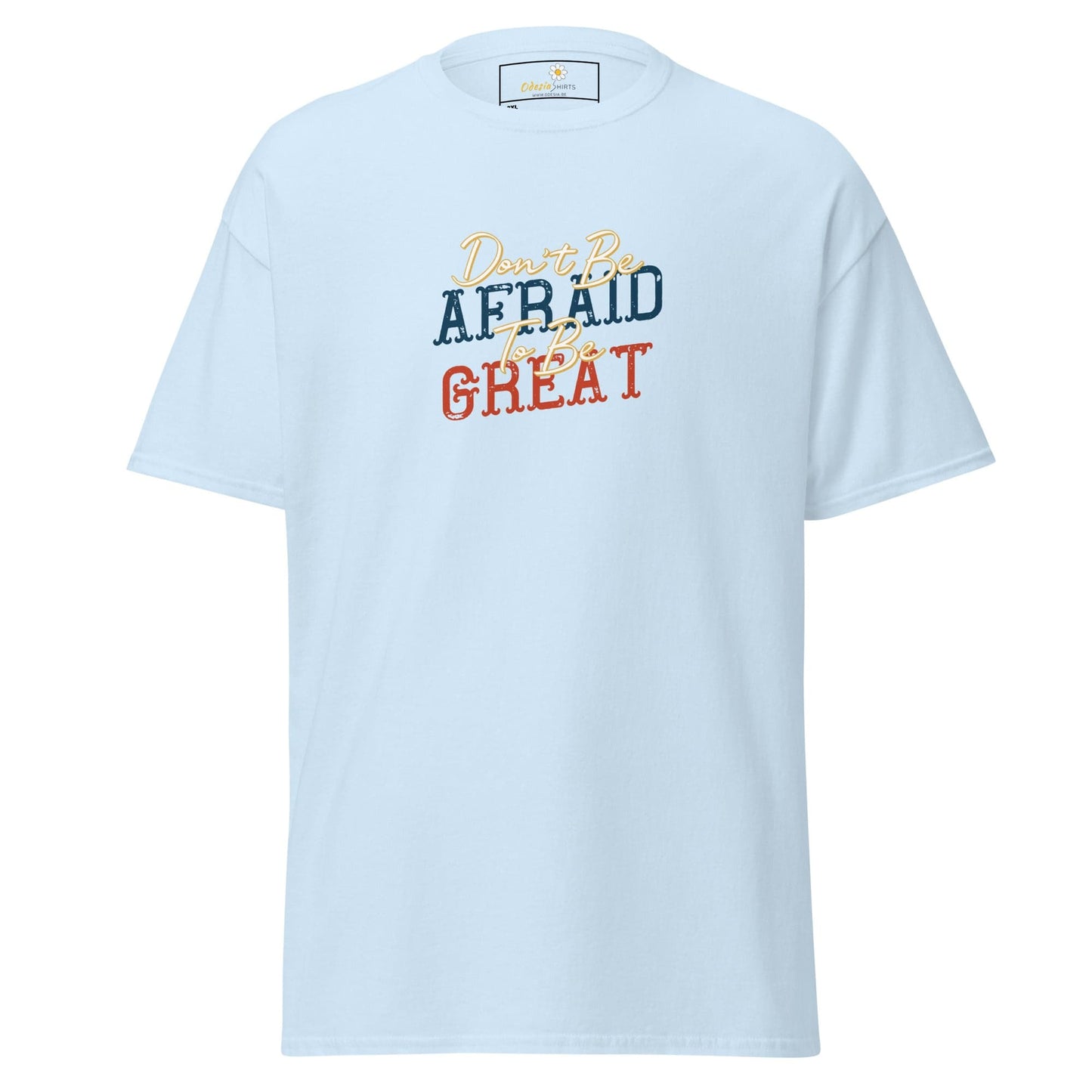 Light blue T-shirt with vibrant colorful text for men and women in 2XL to 5XL sizes