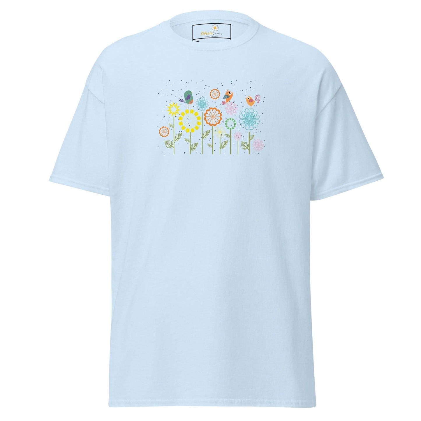 Light blue t-shirt with floral and butterfly design.