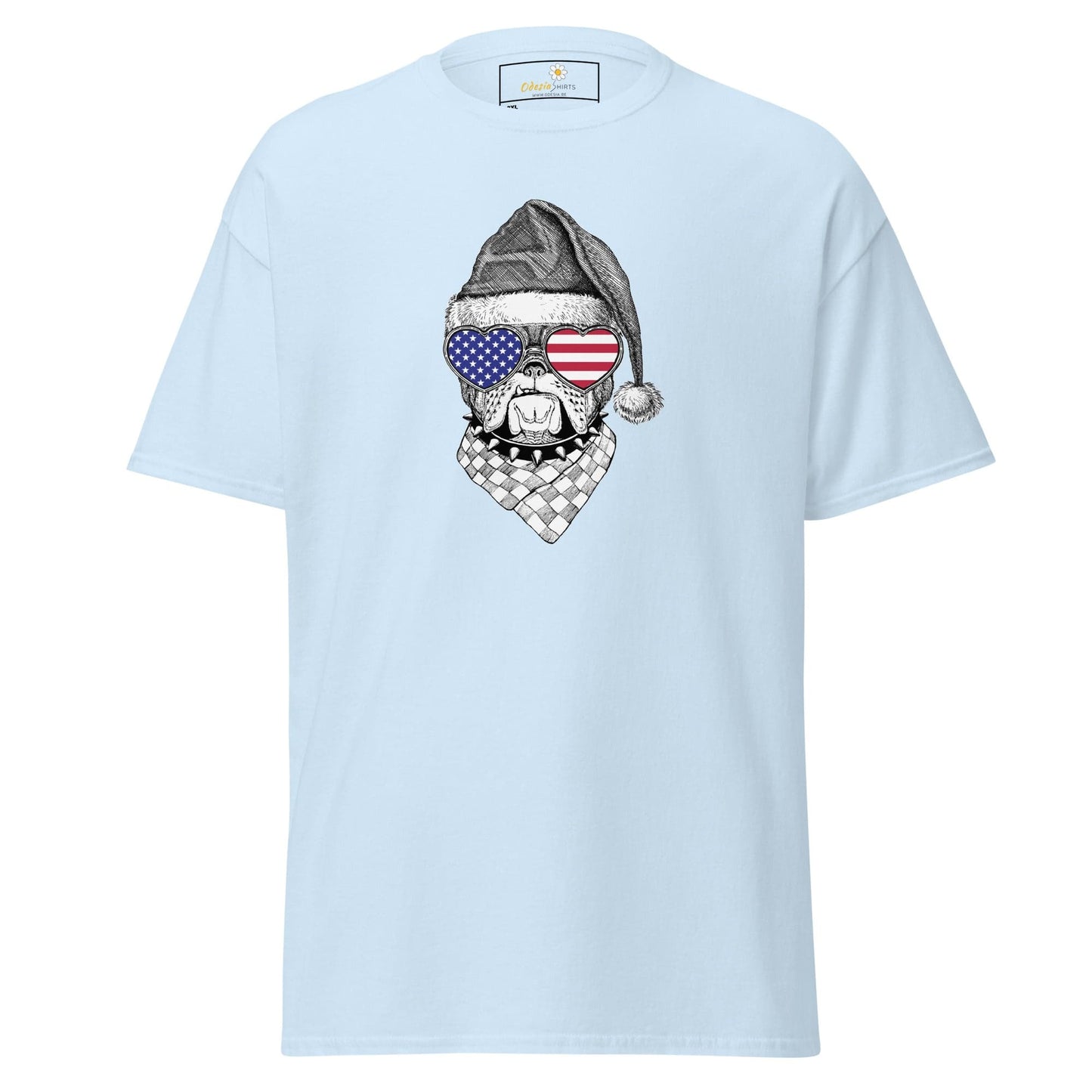 Light blue T-shirt featuring a dog graphic, available in 2XL to 5XL sizes for men and women