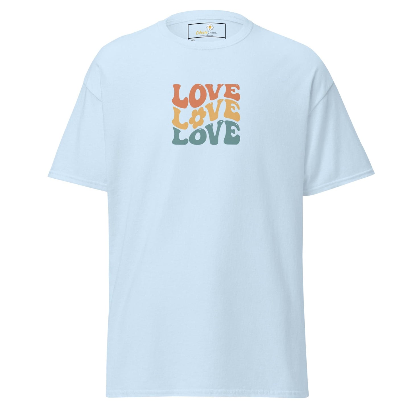 Light blue t-shirt with ’love’ graphic.