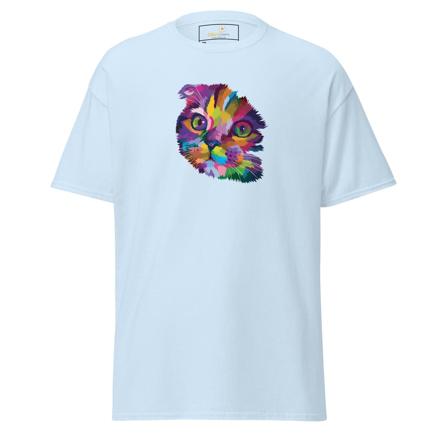 Light blue T-shirt with colorful cat graphic for men and women in 2XL to 5XL sizes