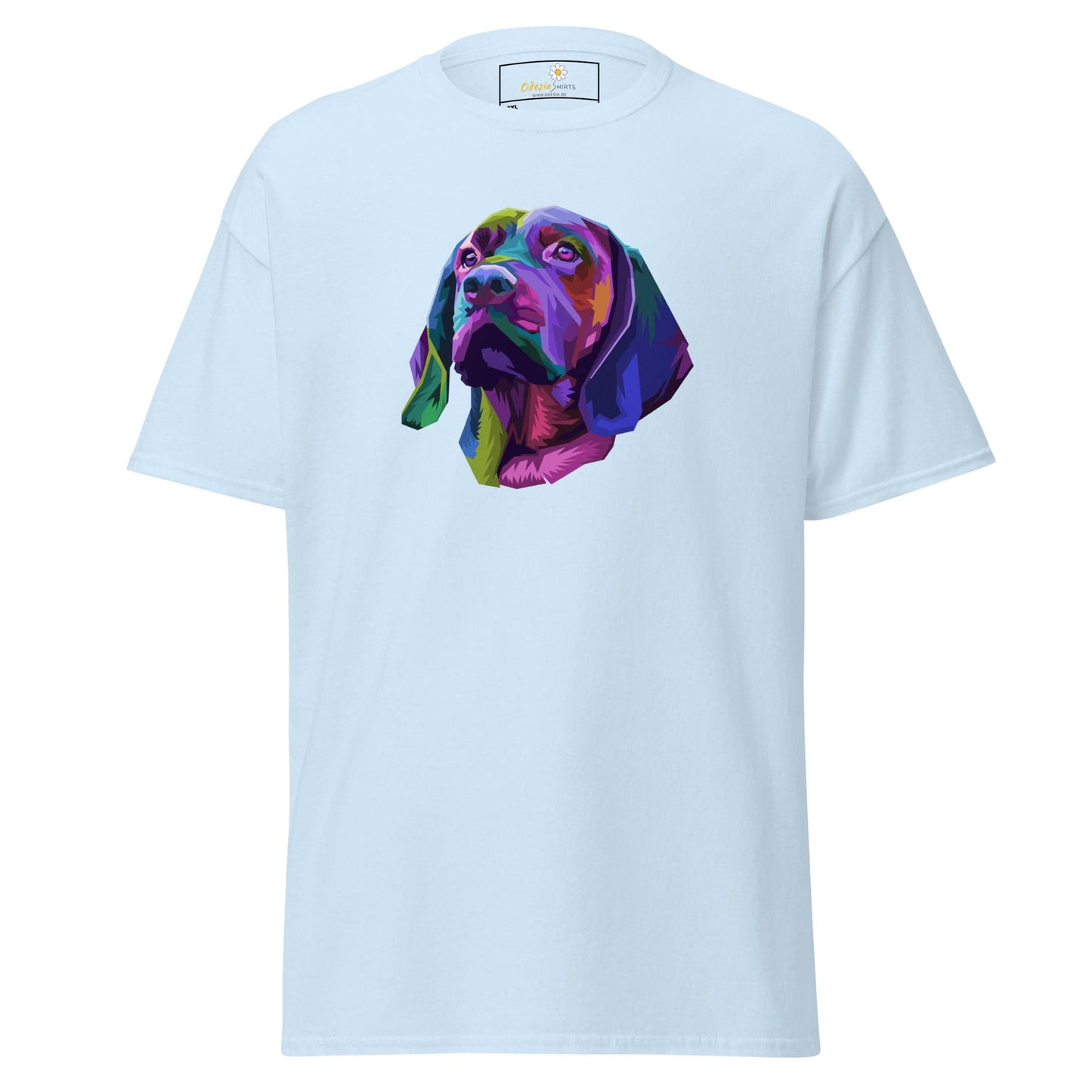 Light blue men’s and women’s T-shirt with colorful dog head graphic, available in 2XL-5XL