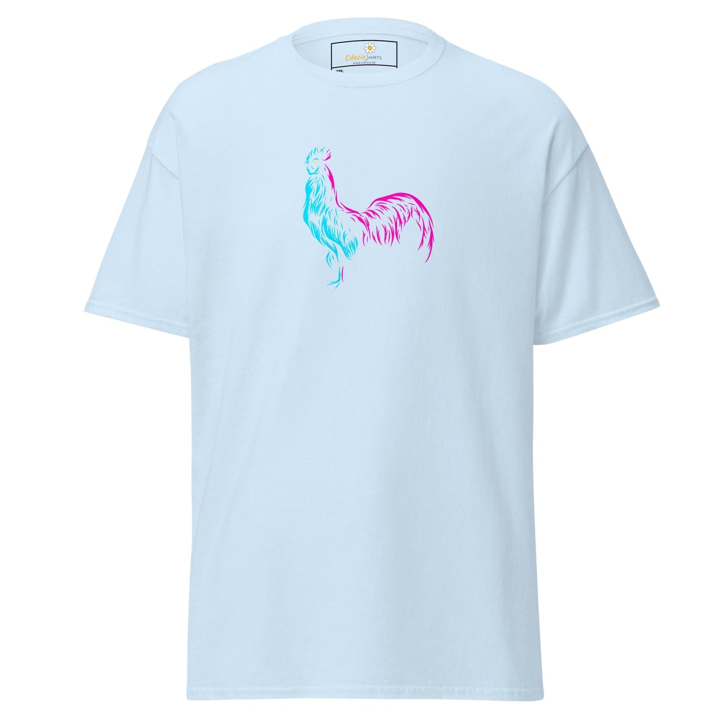 Light blue T-shirt with rooster graphic from T-SHIRT DESIGN TEE for Men and Women in 2XL to 5XL