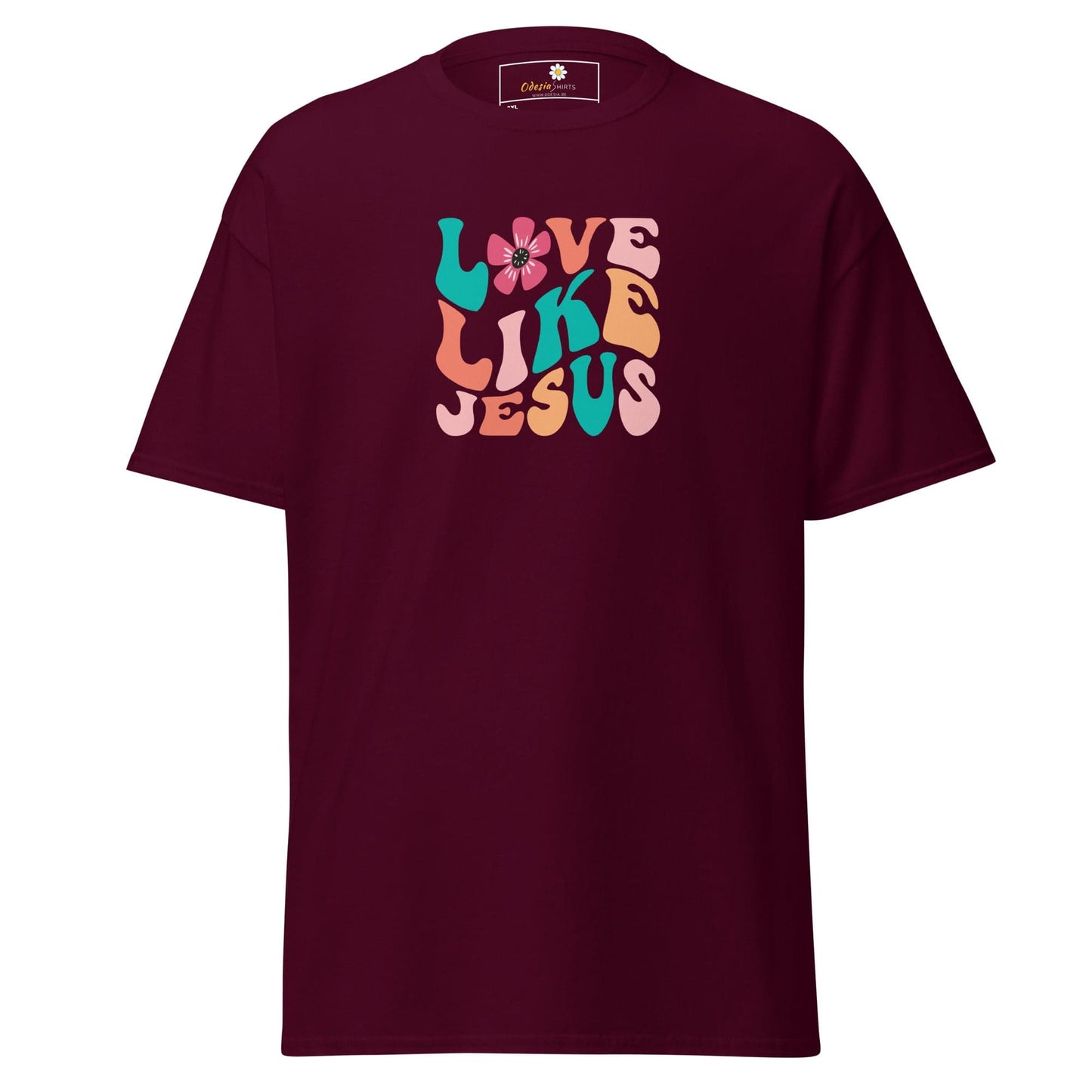 Maroon T-shirt with Love Like Jesus graphic for Men and Women in 2XL to 5XL sizes