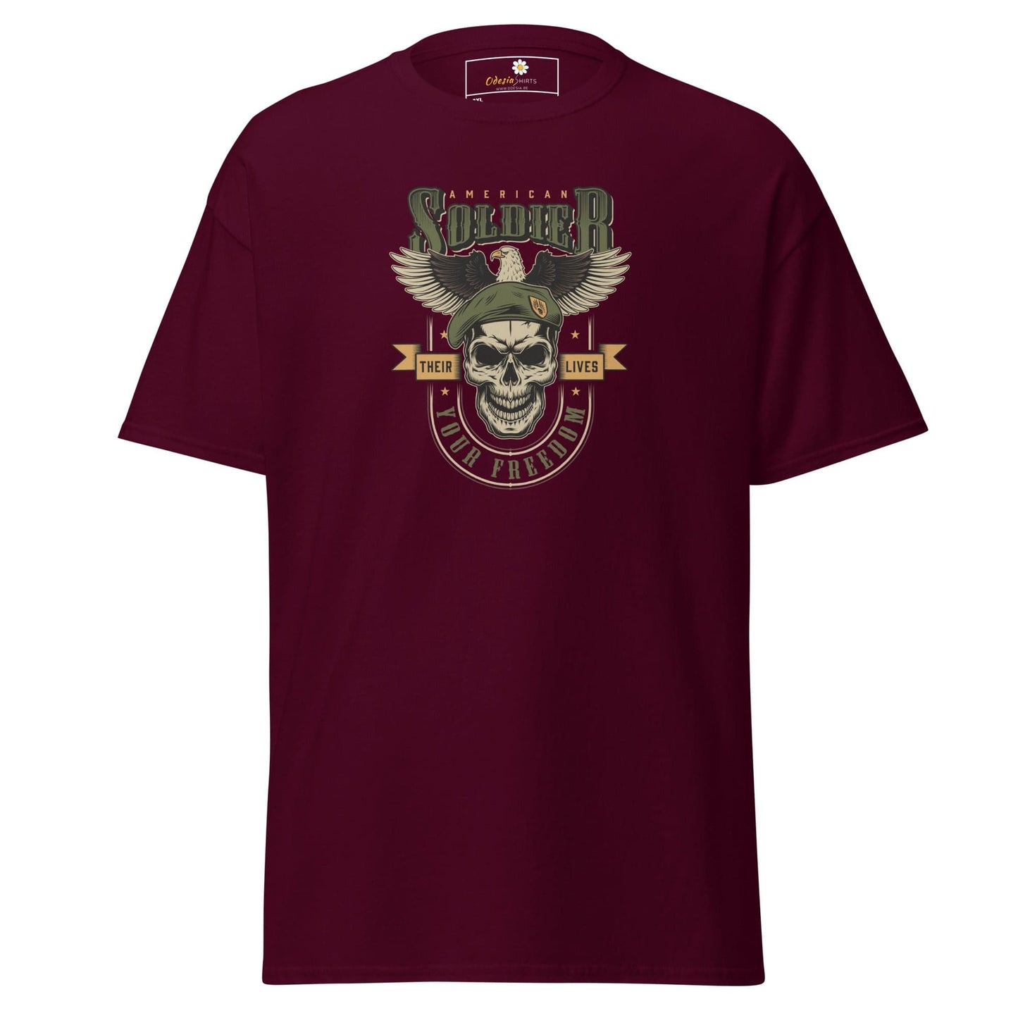 Maroon T-shirt with soldier skull graphic for Men and Women in 2XL to 5XL sizes