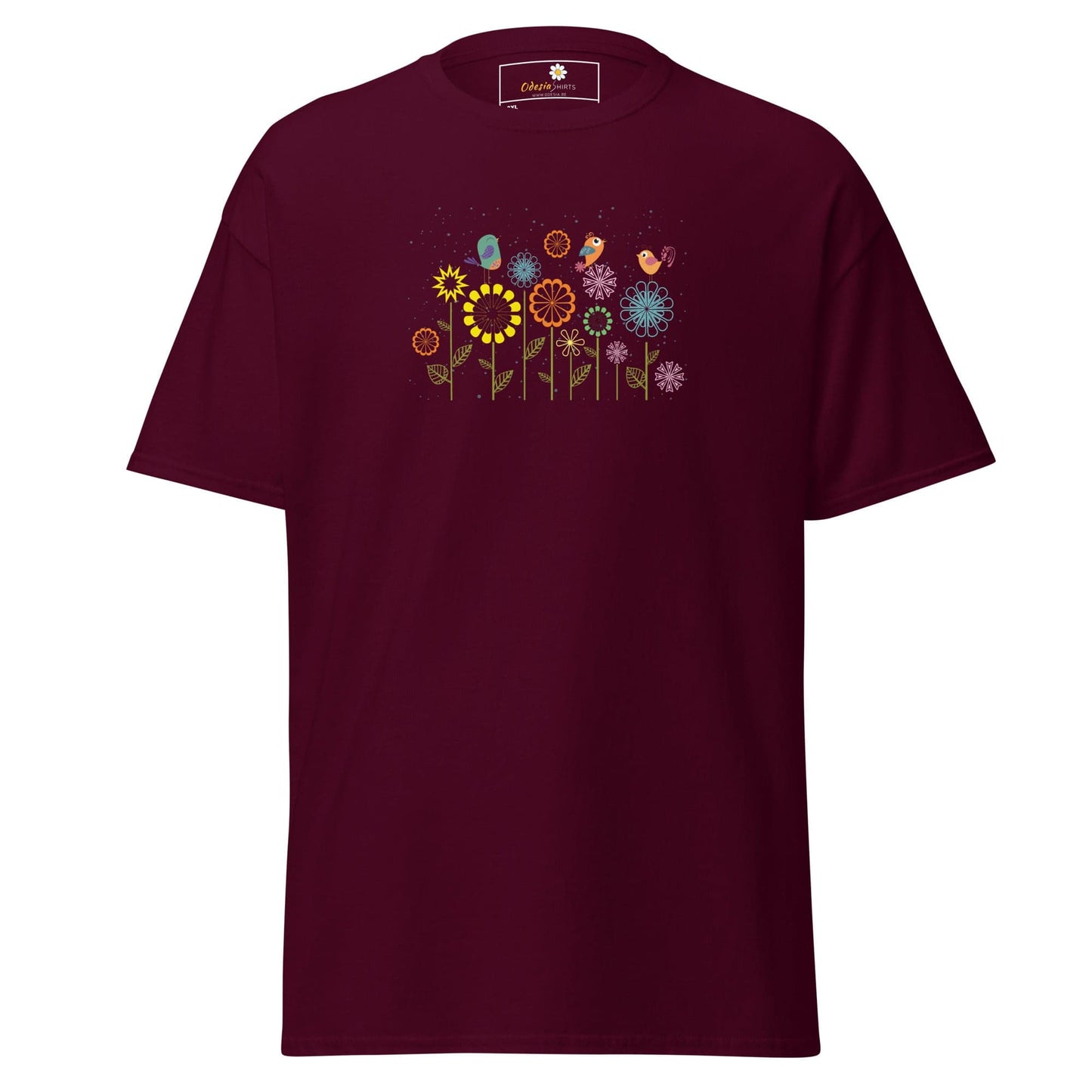 Maroon t-shirt with floral and bird design.