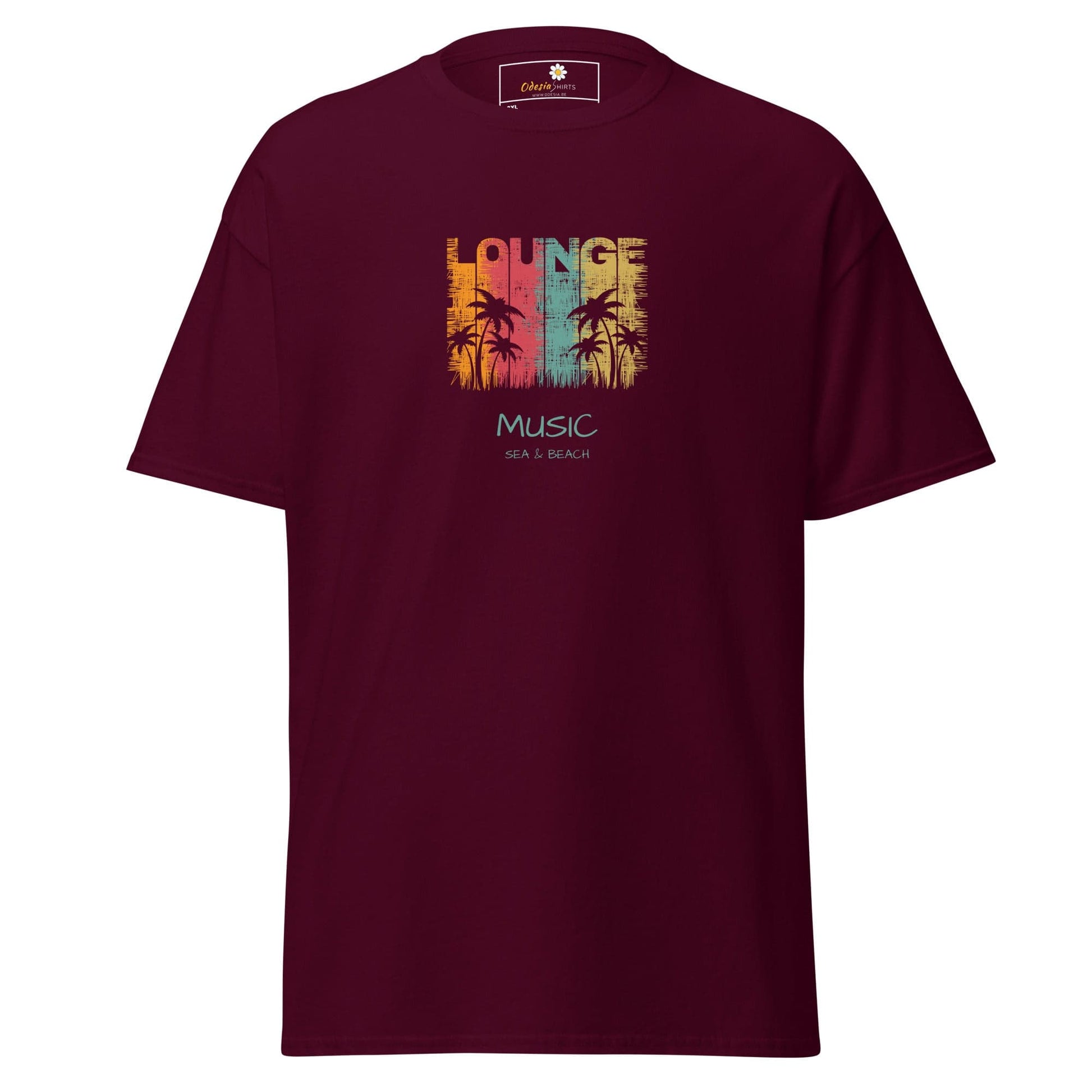 Maroon T-shirt with lounge music graphic, available in men and women sizes 2XL to 5XL
