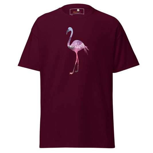 Maroon T-shirt with flamingo graphic for men and women in sizes 2XL to 5XL
