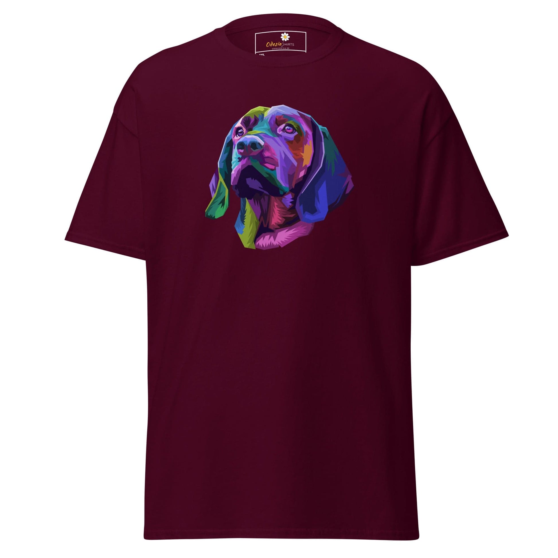 Maroon T-shirt with a colorful dog graphic, available in 2XL to 5XL sizes for men and women