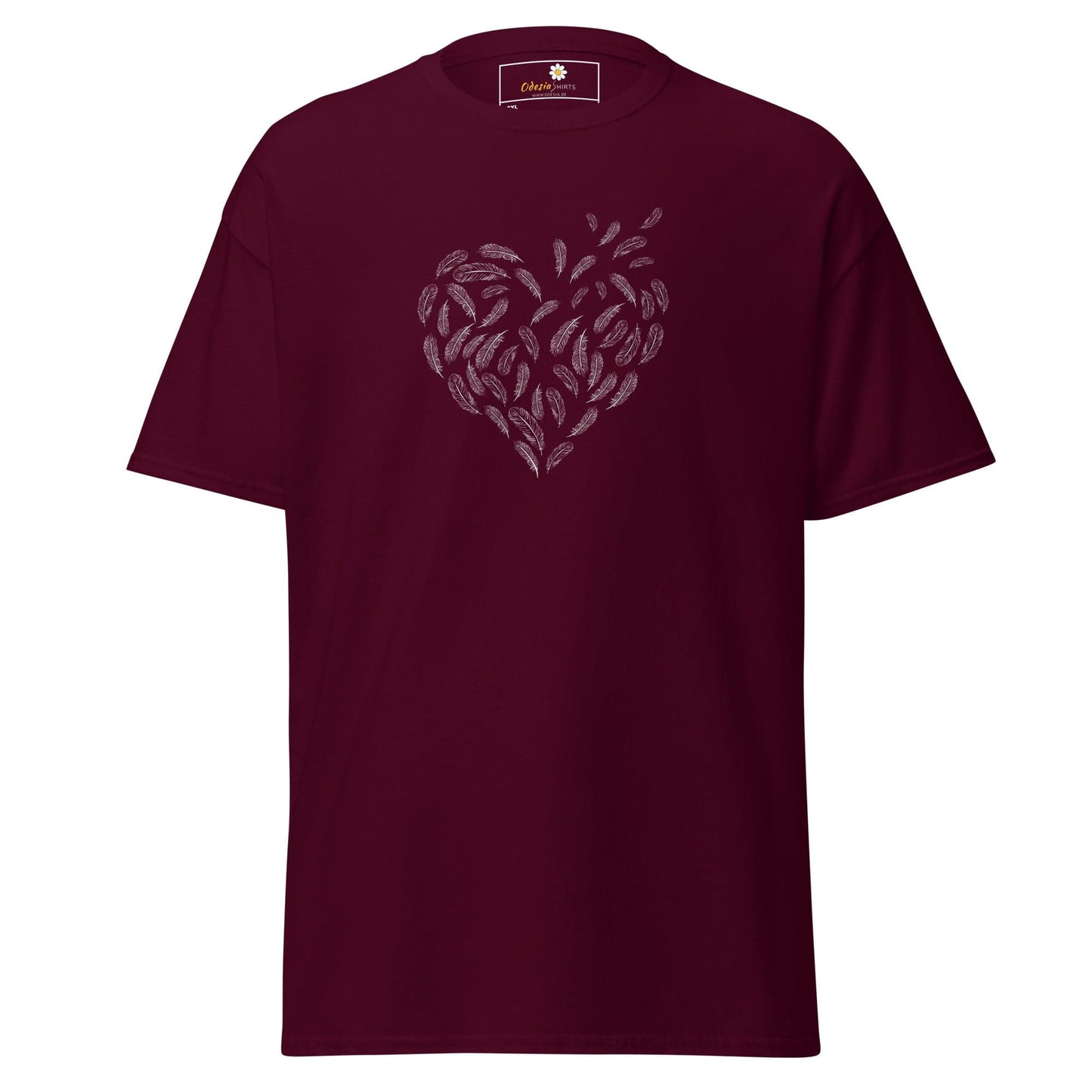Maroon t-shirt with feather heart design for Men and Women in 2XL to 5XL sizes