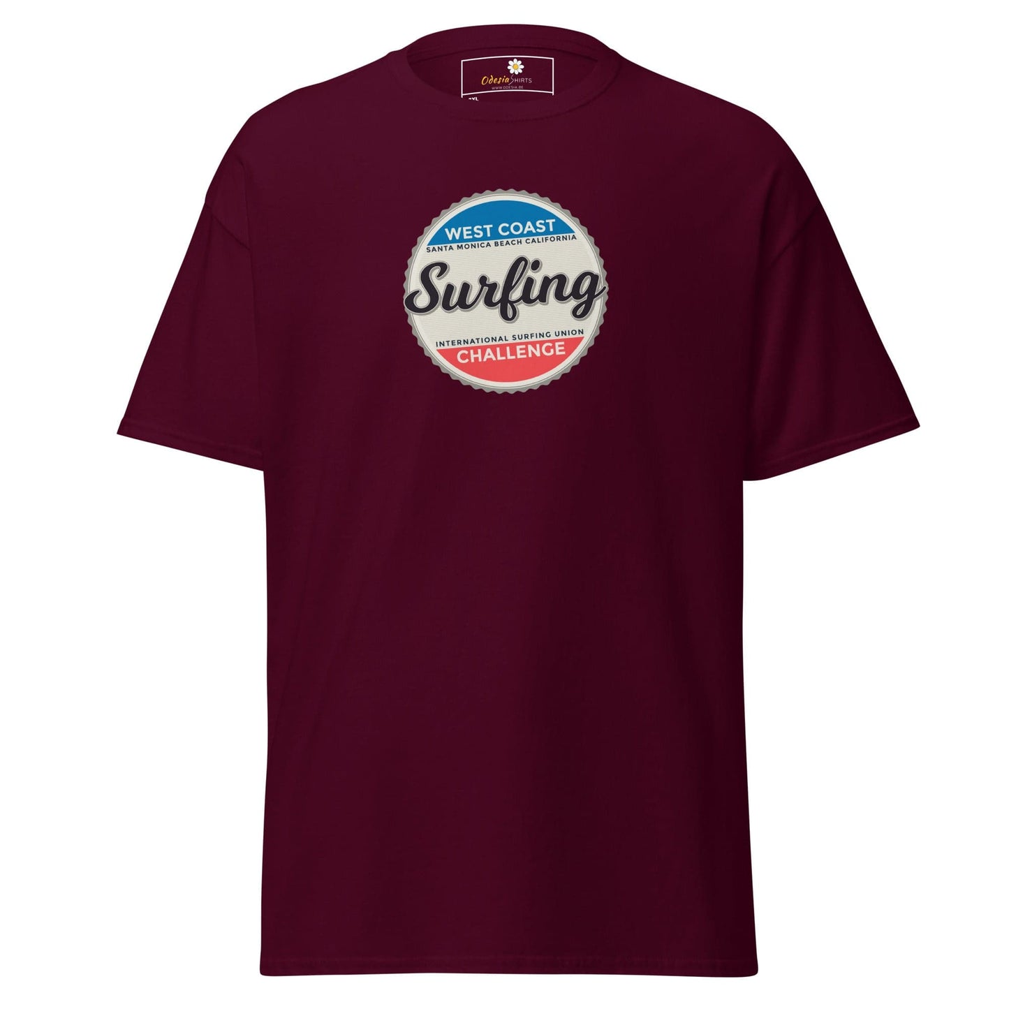 Maroon t-shirt with surfing graphic.