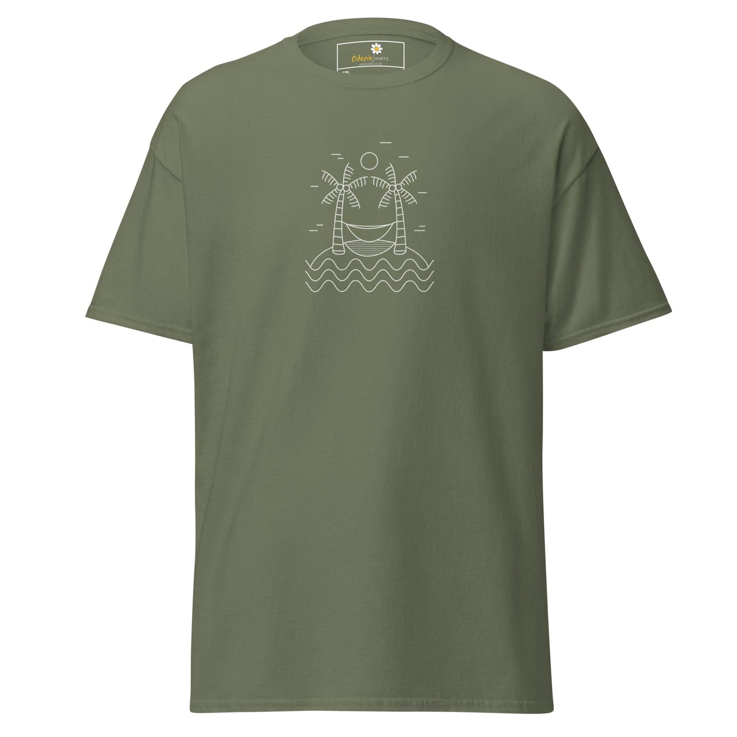 Olive green T-shirt with beach scene graphic for men and women in 2XL to 5XL sizes