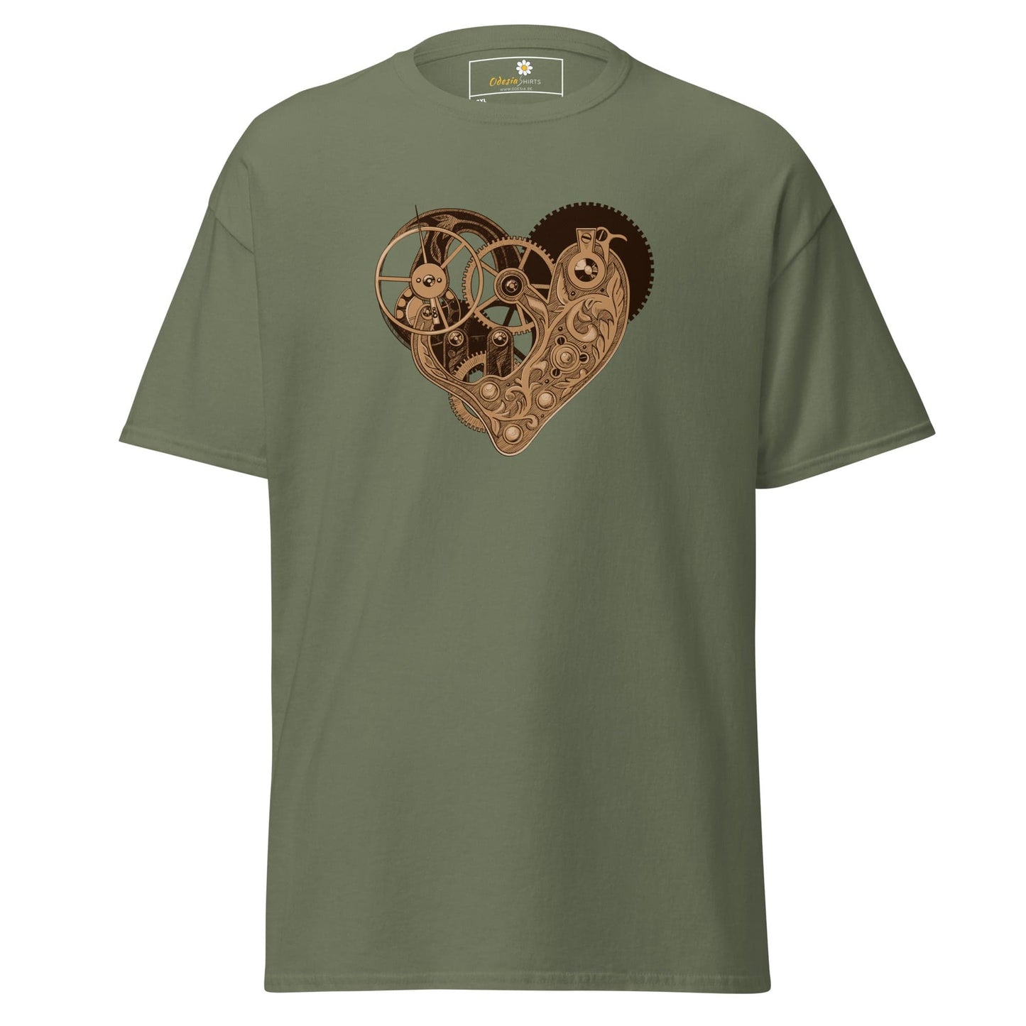 Olive green T-shirt with steampunk heart design for men and women in size 2XL to 5XL