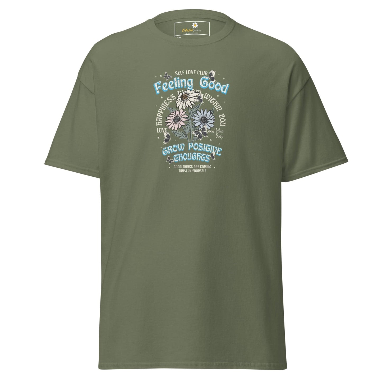 Olive green t-shirt with floral graphic.