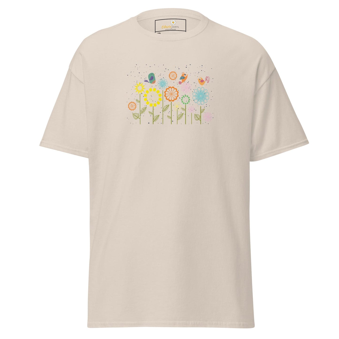 Beige t-shirt with floral and butterfly design.