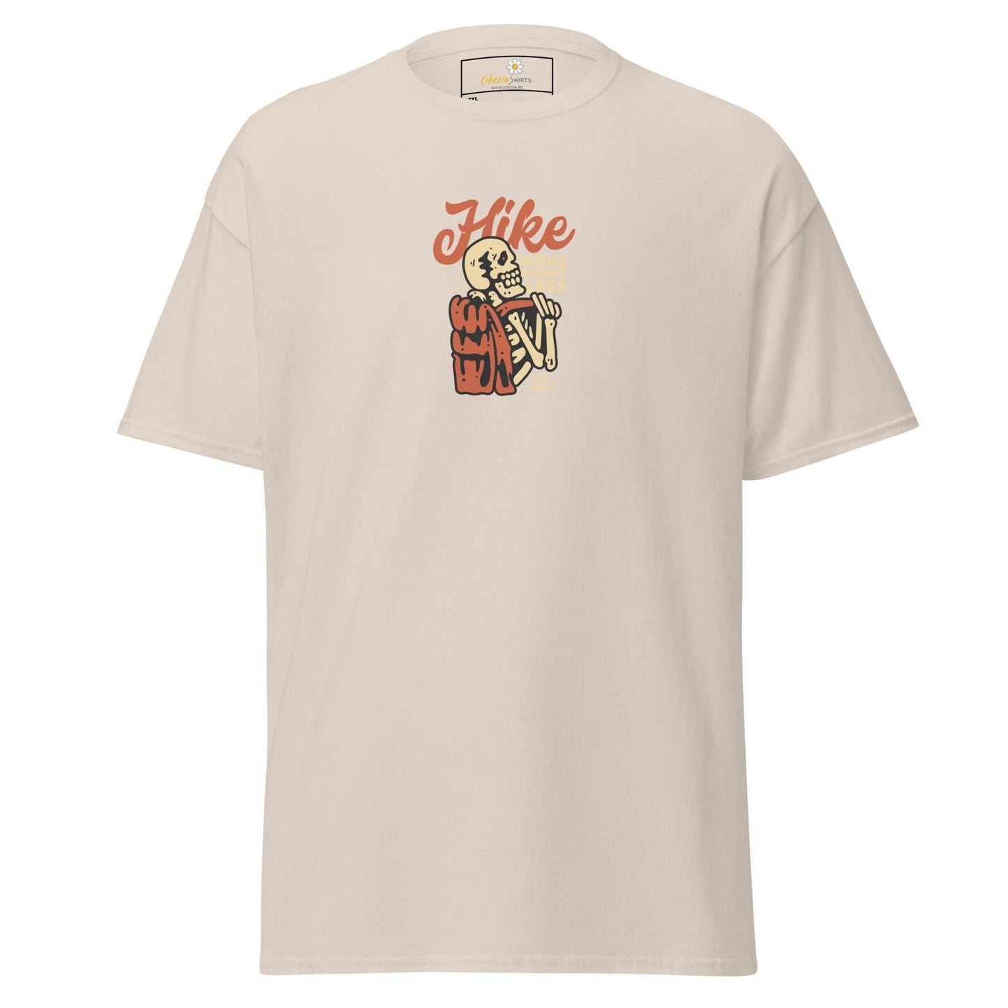 Beige t-shirt with skeleton hiker graphic.