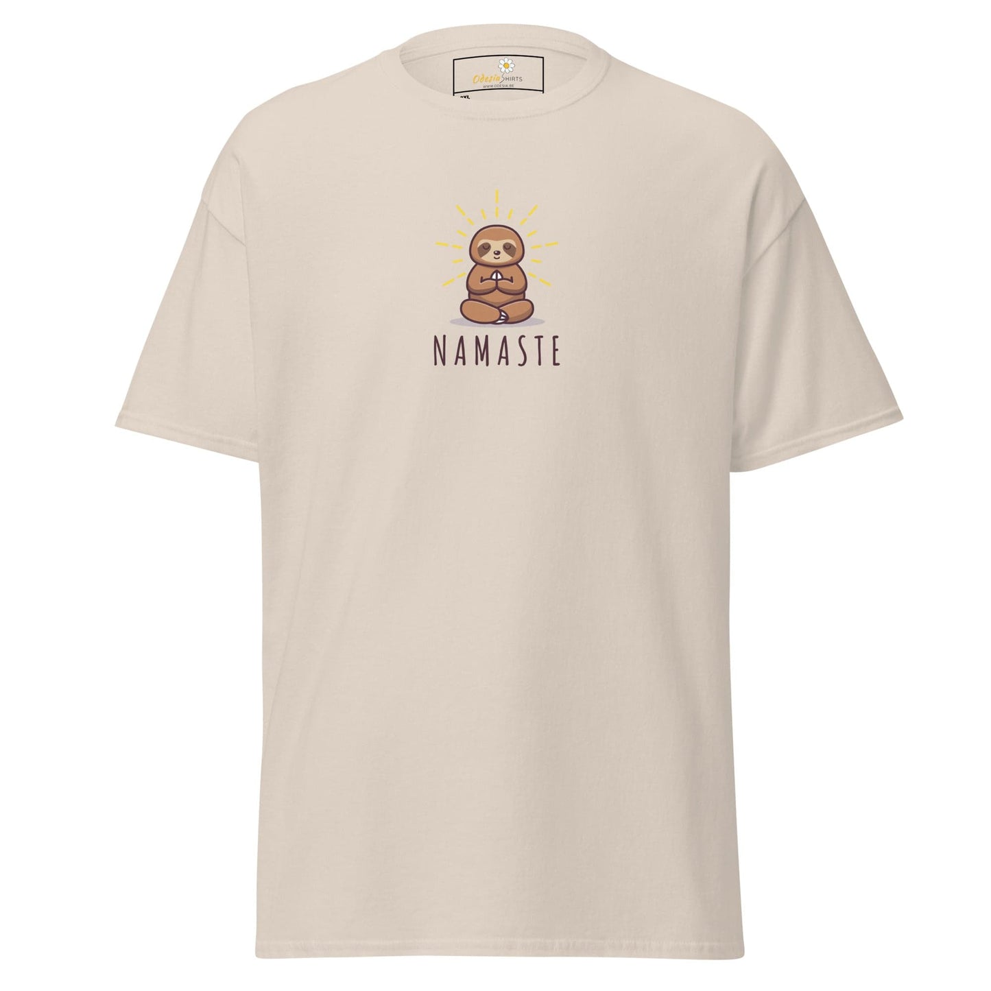 Beige t-shirt with sloth meditating.