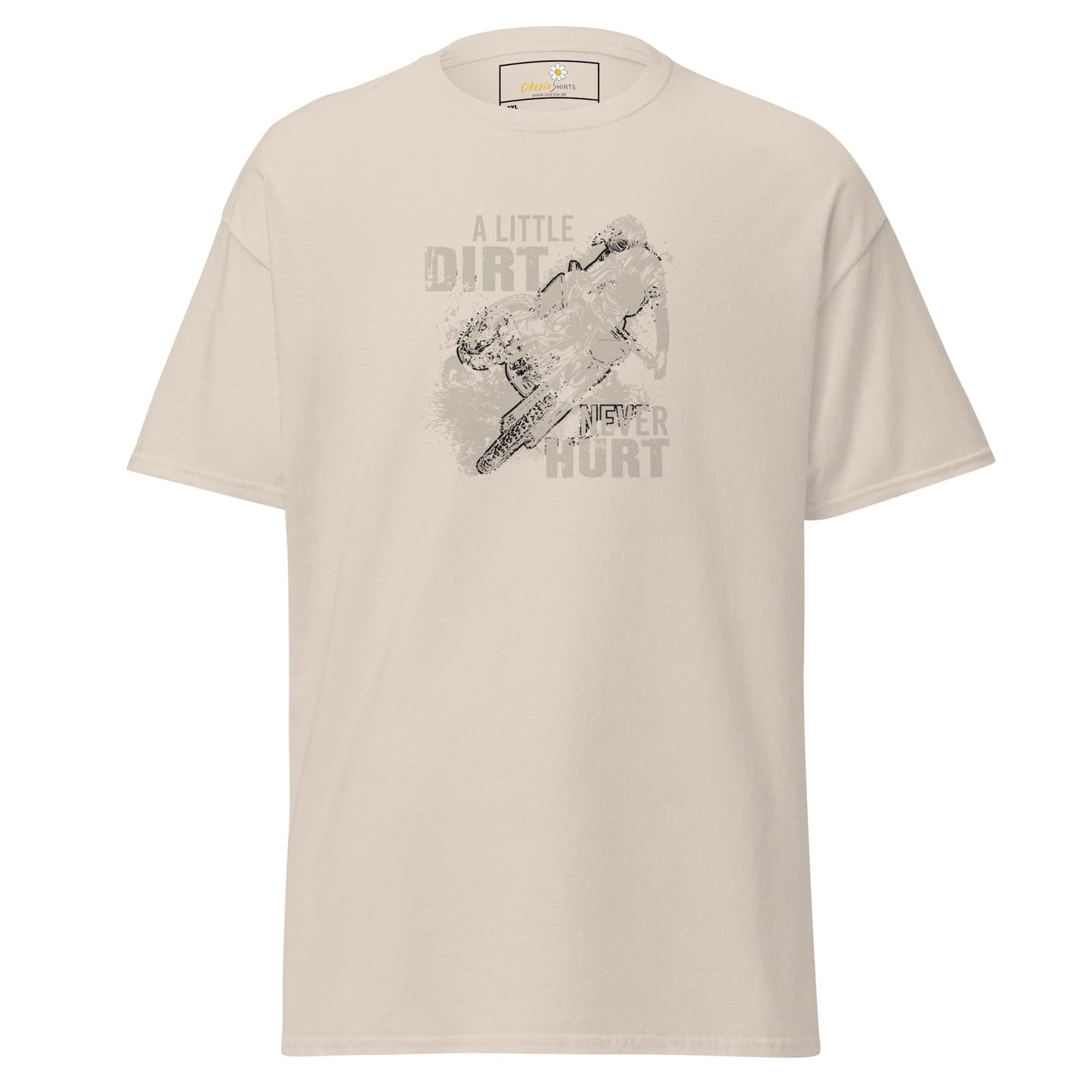 Beige t-shirt with motorcycle graphic.