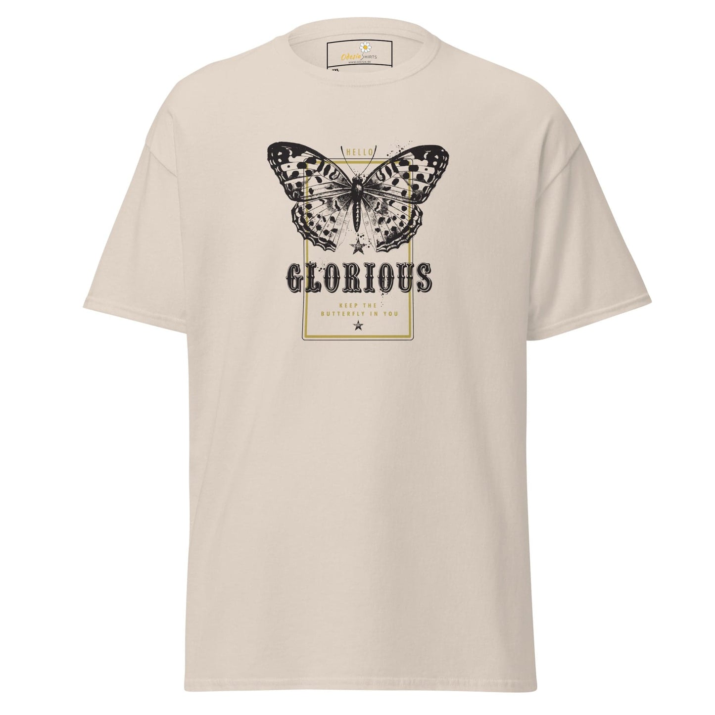 Beige T-shirt with butterfly graphic for Men and Women in sizes 2XL to 5XL