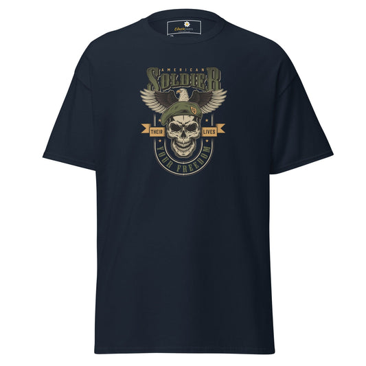 Navy blue T-shirt with military-themed graphic for men and women in size 2XL to 5XL