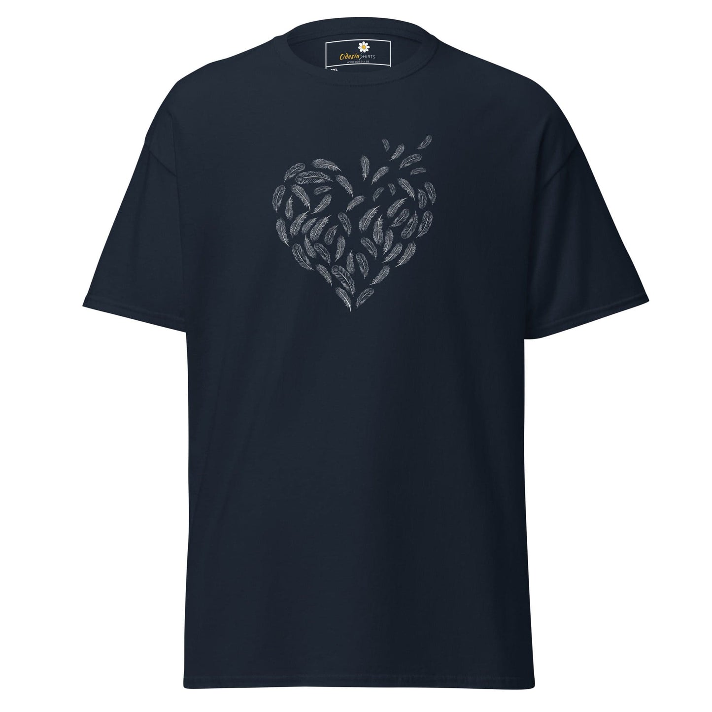 Navy blue T-shirt with feather heart design for men and women in sizes 2XL to 5XL