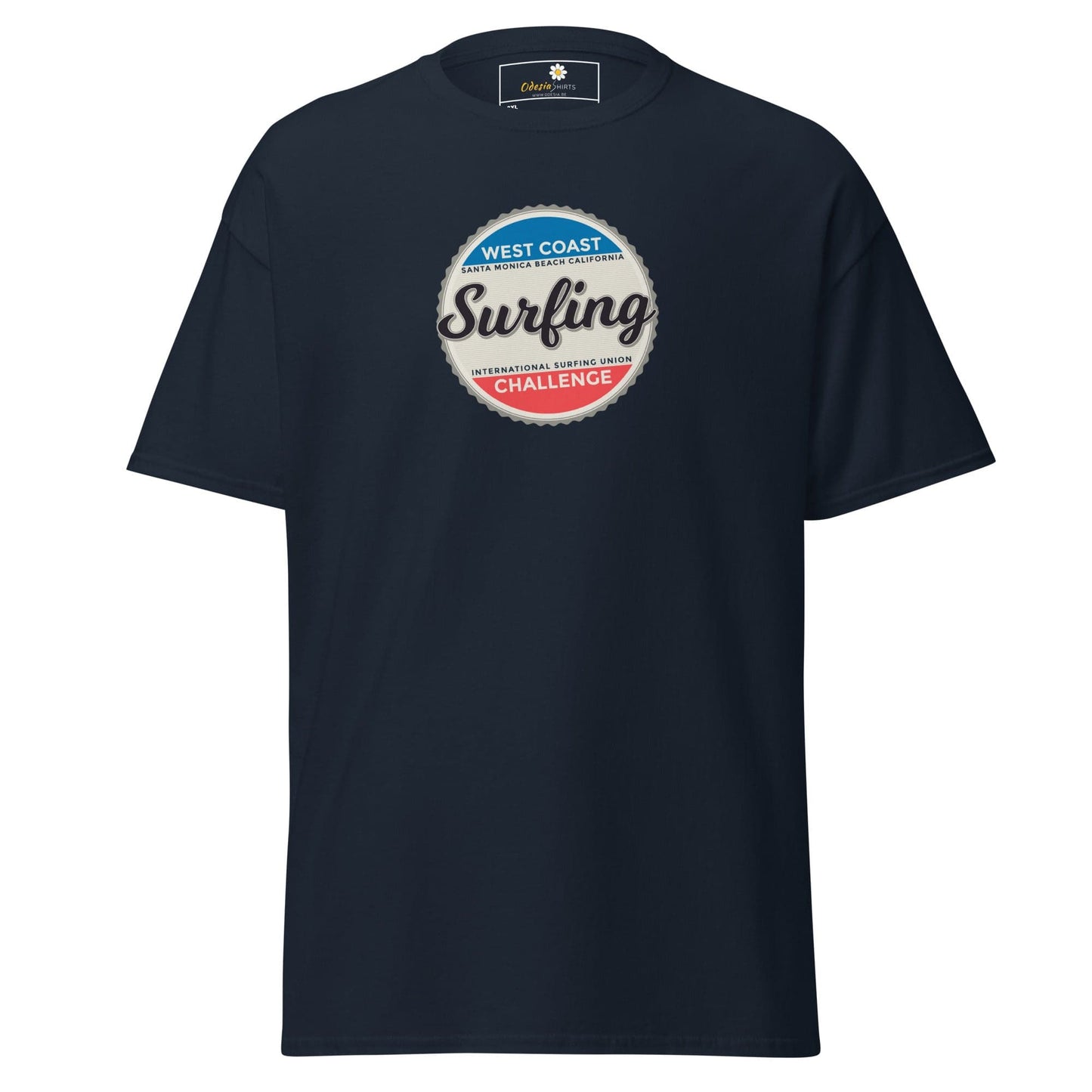 Navy blue t-shirt with surfing graphic.