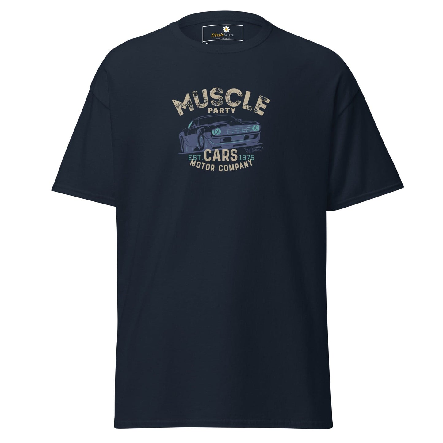 Navy blue graphic tee.