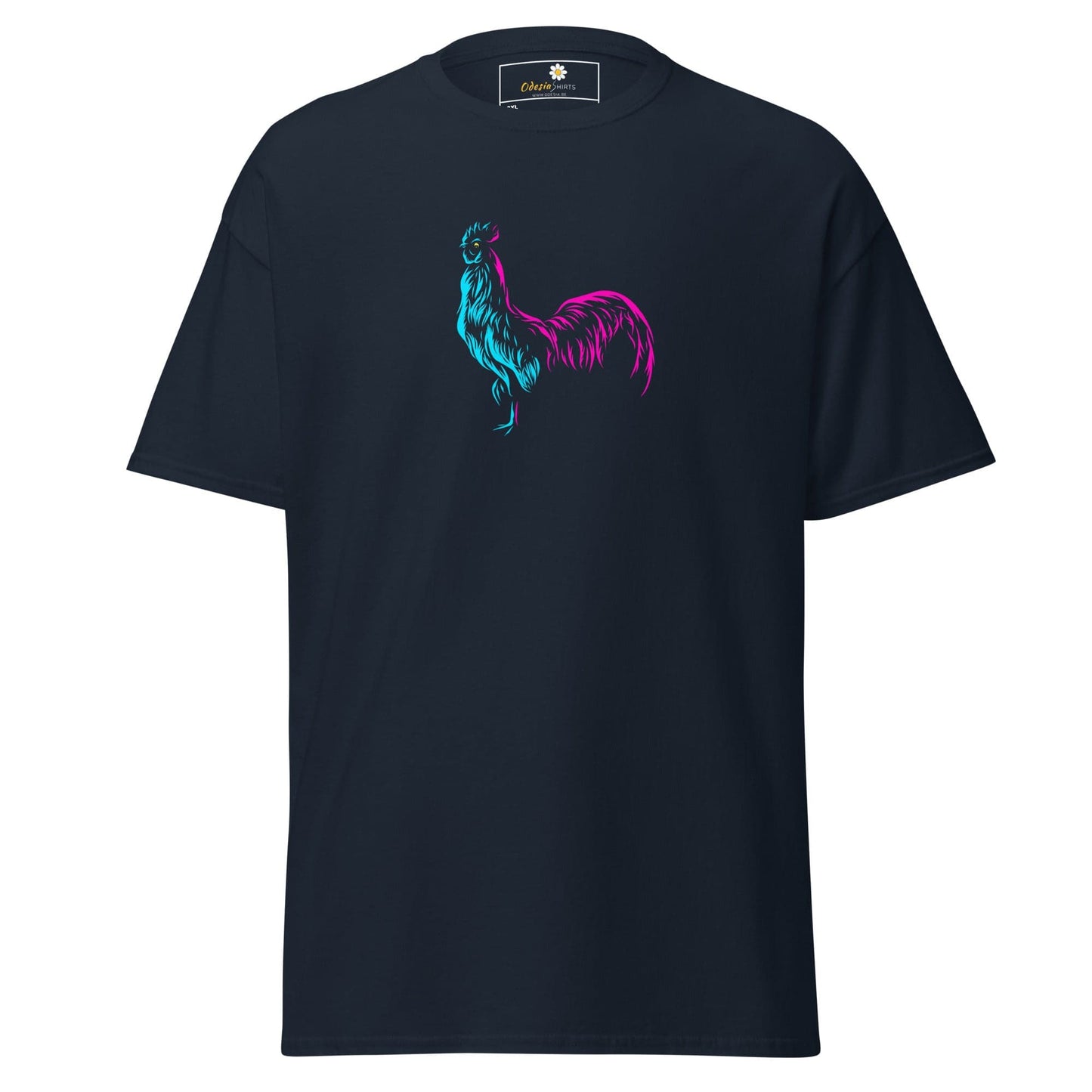 Navy blue T-shirt with a rooster graphic suitable for men and women in sizes 2XL to 5XL
