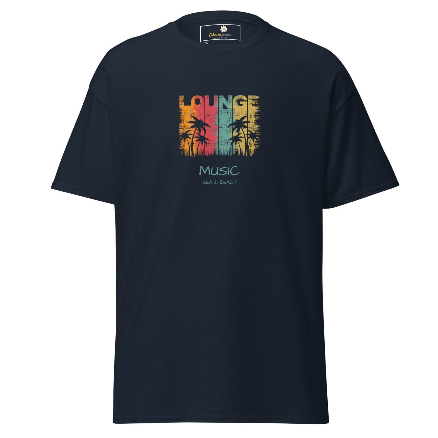 Navy blue T-shirt with beach lounge graphic for men and women in 2XL to 5XL sizes