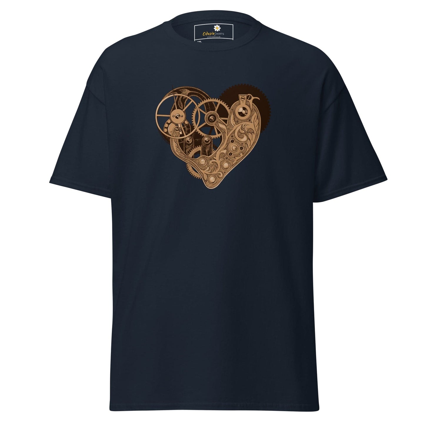 Navy T-shirt featuring a detailed steampunk heart design for men and women in 2XL to 5XL sizes