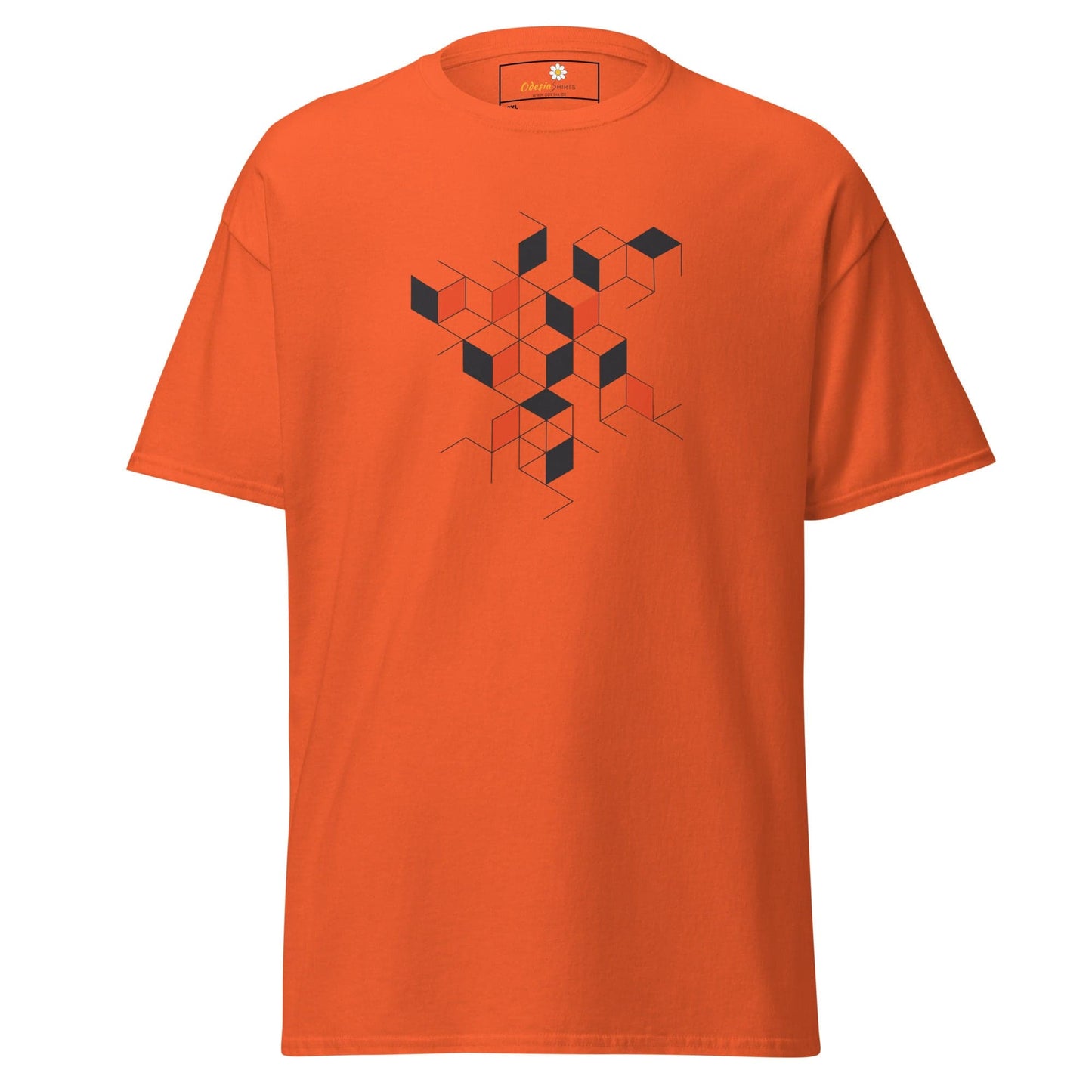 Orange T-shirt with geometric cube design for men and women in 2XL to 5XL sizes