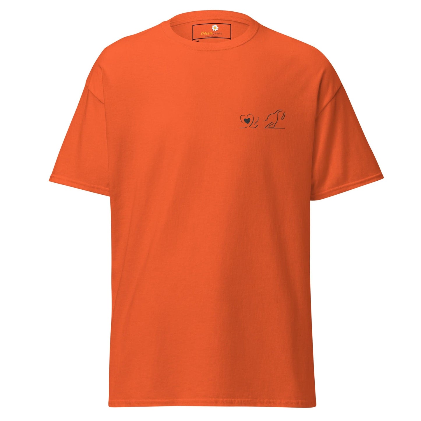 Orange T-shirt with small heart and dog design for men and women in 2XL to 5XL