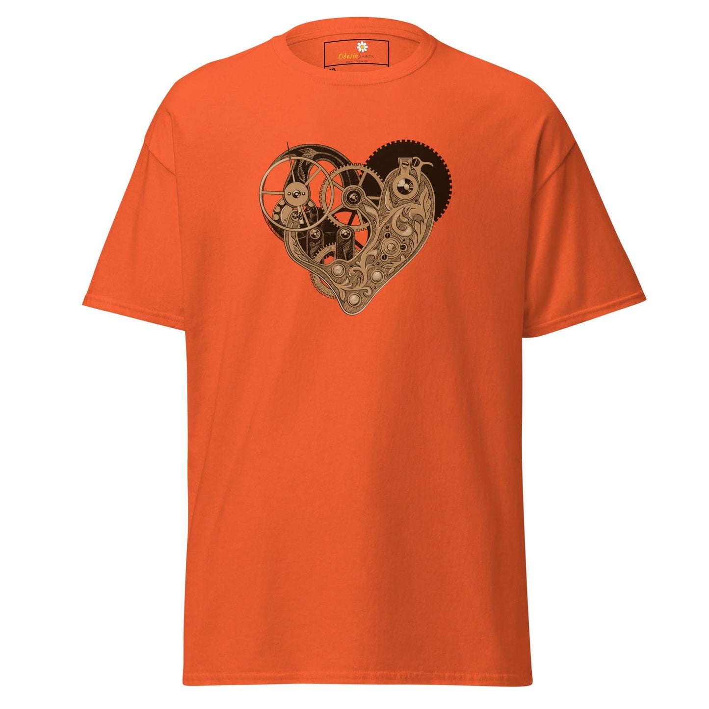 Orange T-shirt with steampunk heart design for men and women in sizes 2XL to 5XL