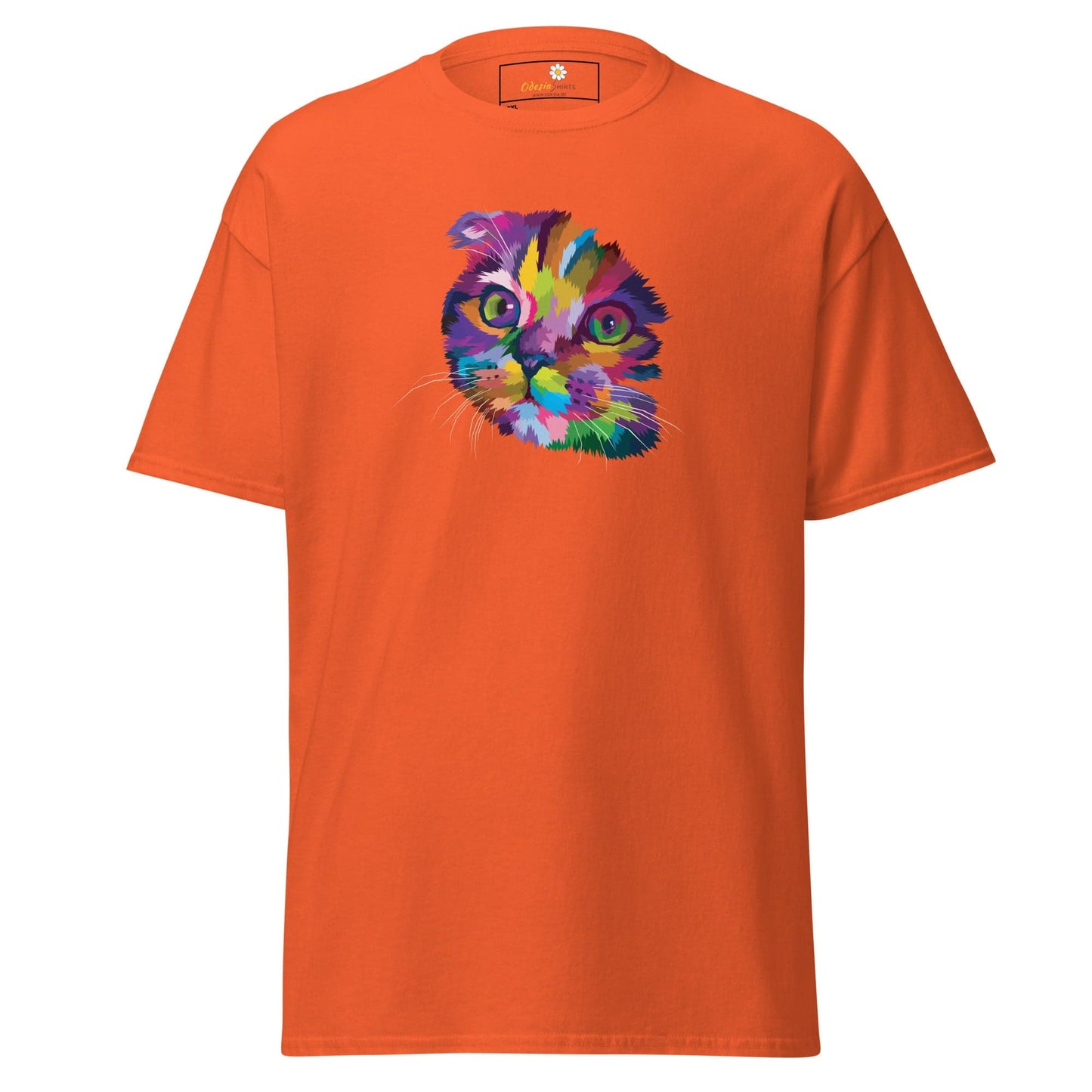 Orange T-shirt with colorful cat graphic for men and women in 2XL to 5XL sizes