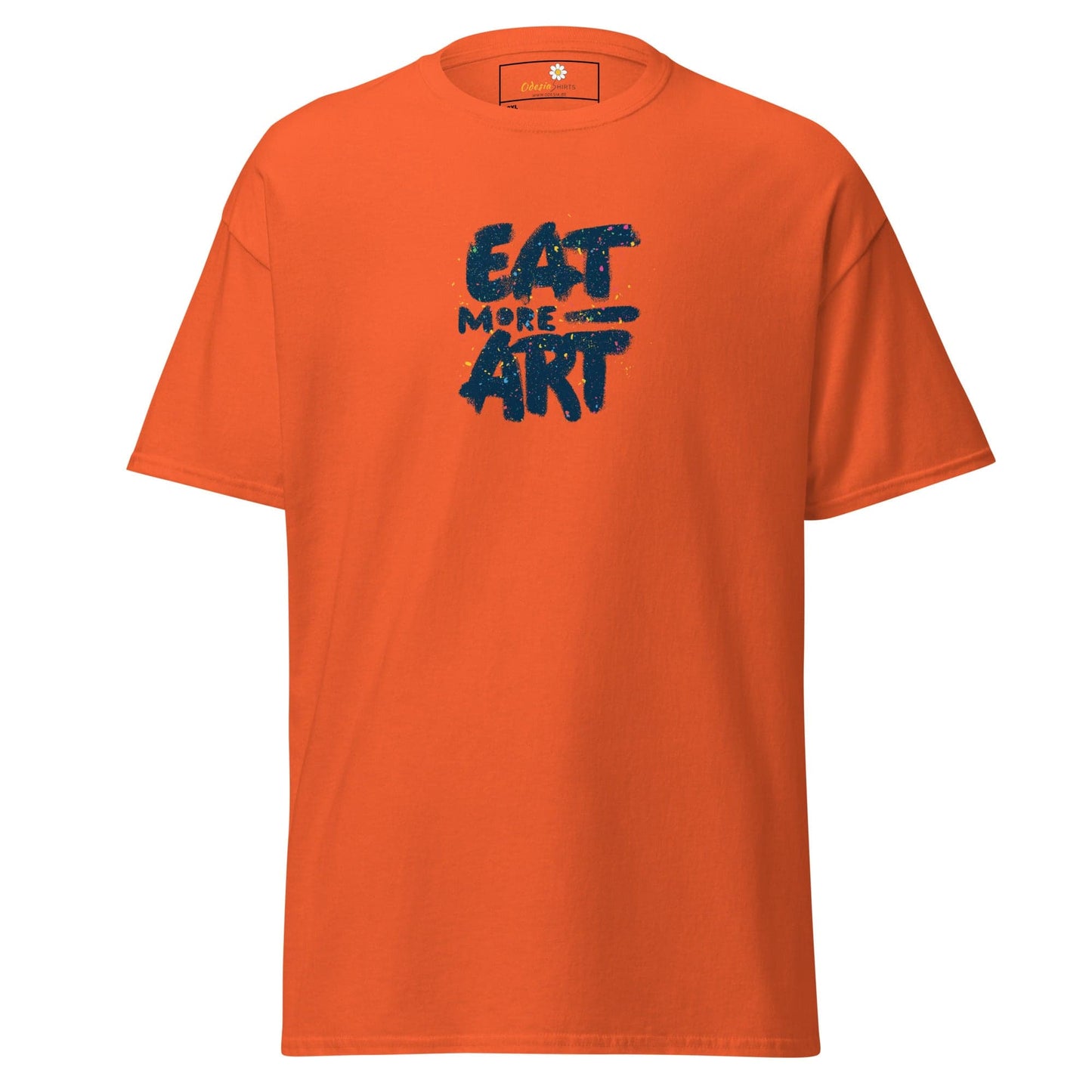 Orange T-shirt with Eat More Art text for Men and Women in sizes 2XL to 5XL