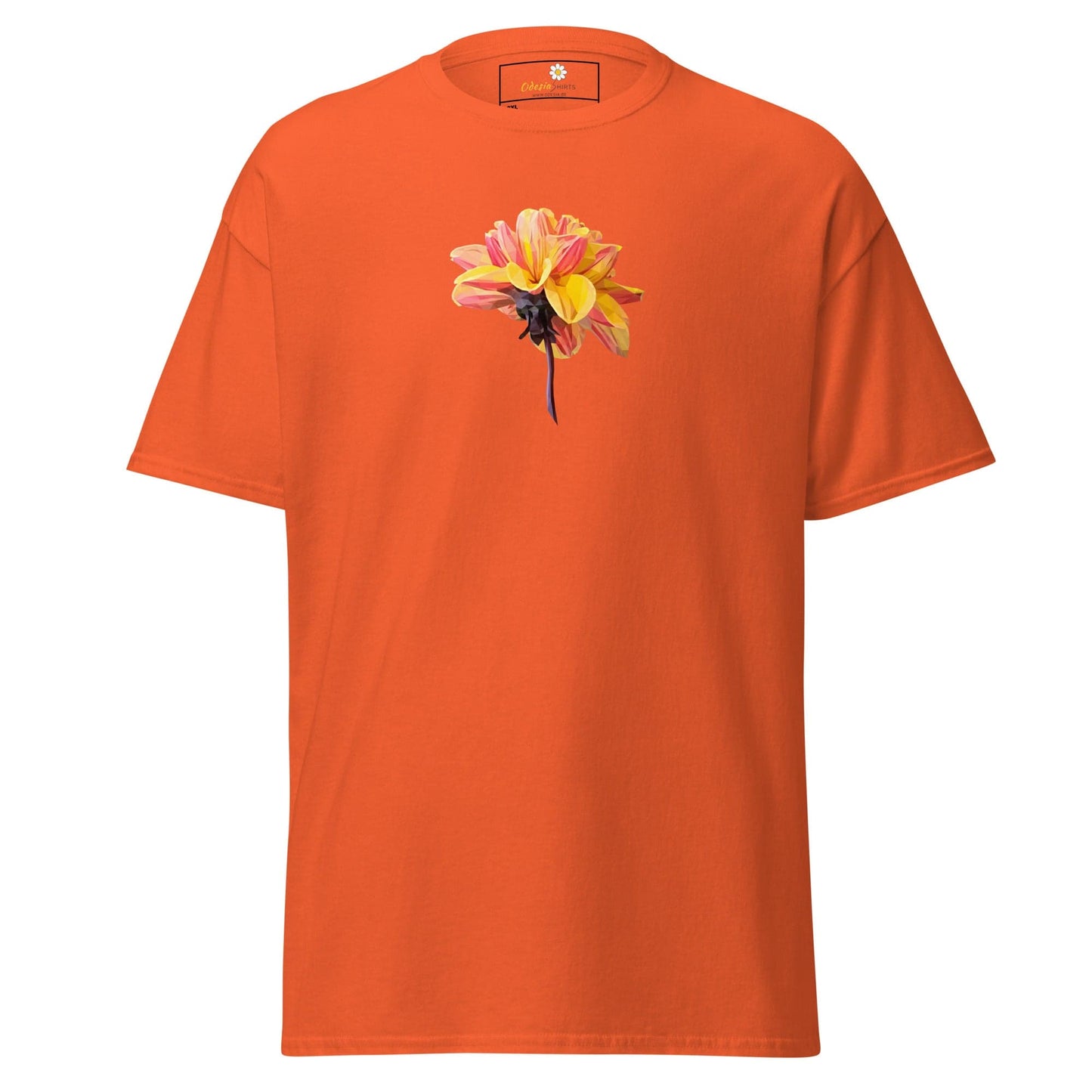 Orange t-shirt with flower.