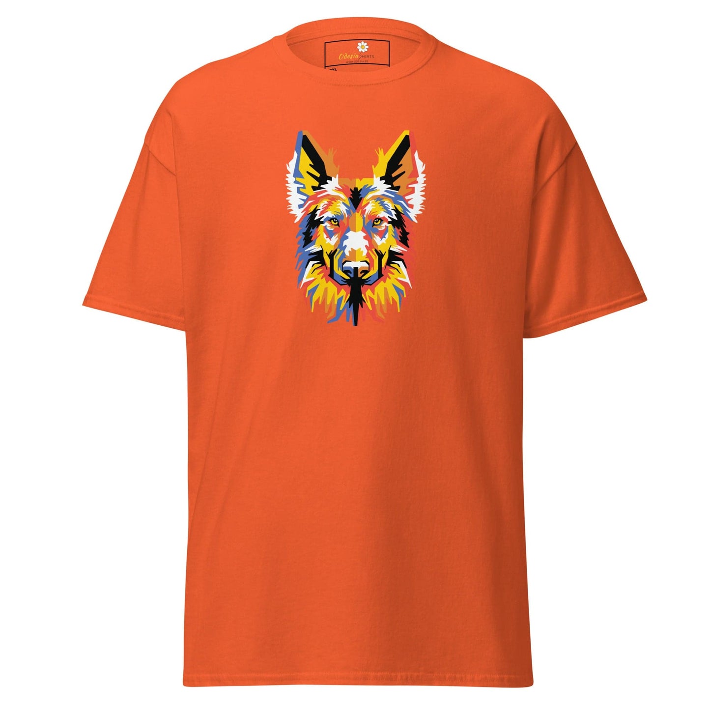 Orange T-shirt with vibrant dog graphic for Men and Women in sizes 2XL to 5XL