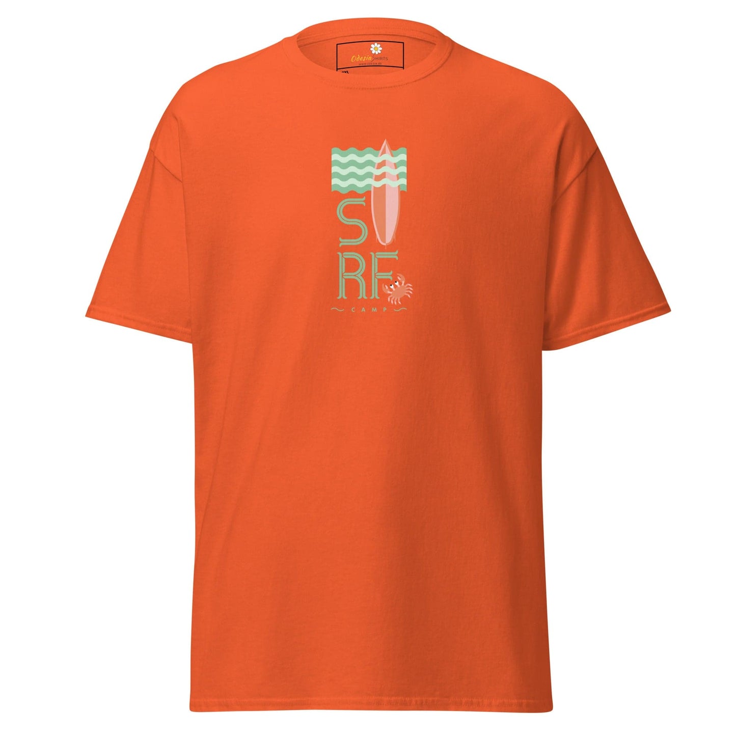 Orange t-shirt with surf design.