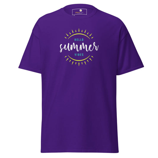 Purple t-shirt with ’hello summer vibes’ graphic.