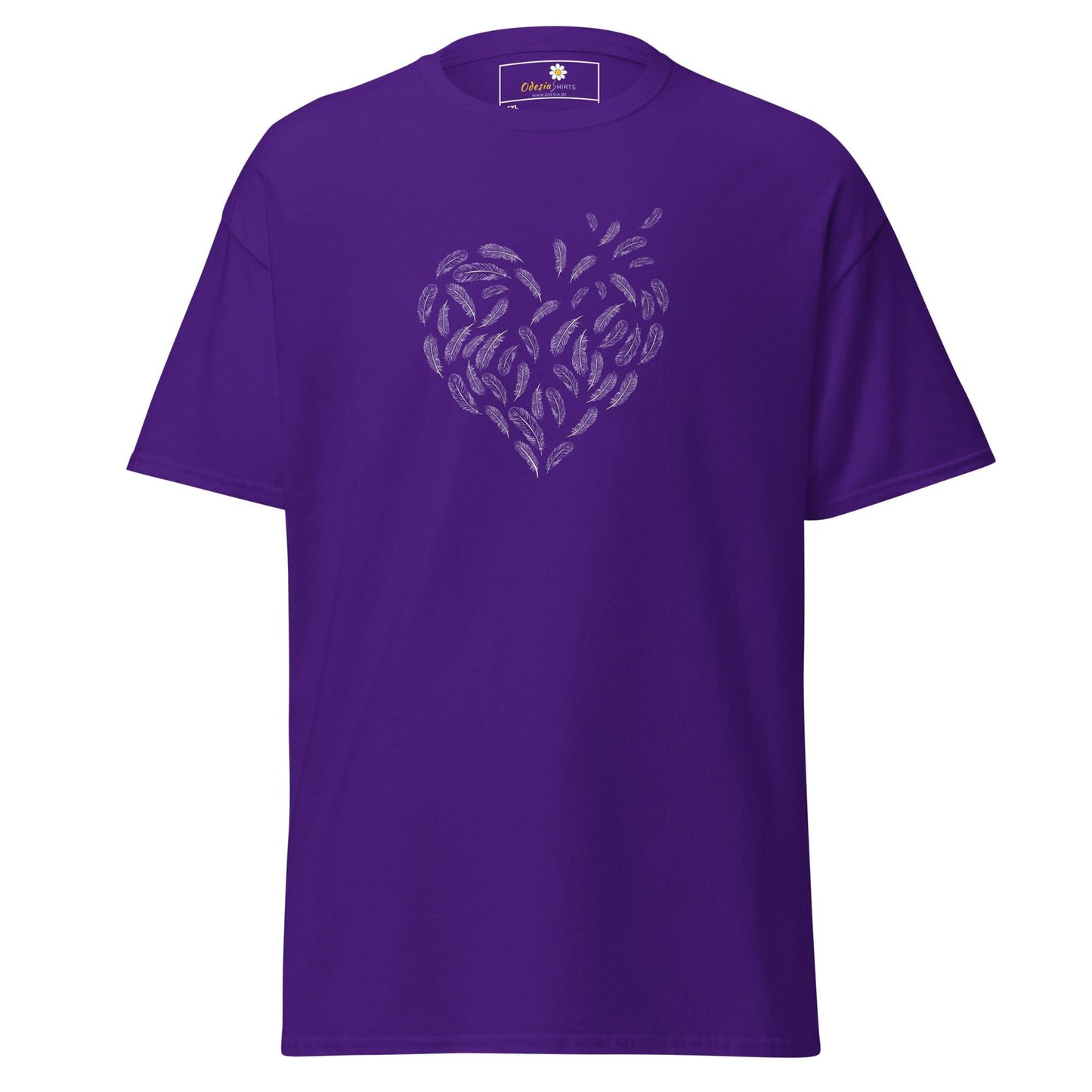 Purple T-shirt with feather heart design from T-SHIRT DESIGN TEE for Men and Women